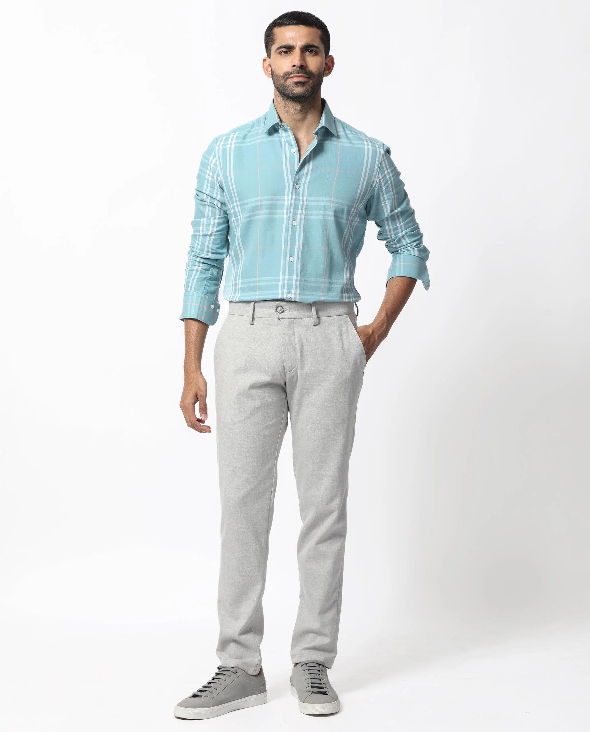 Rare Rabbit Men's Garet Turq Cotton Checked Print Regular Fit Full Sleeve Collared Shirt - Image 7