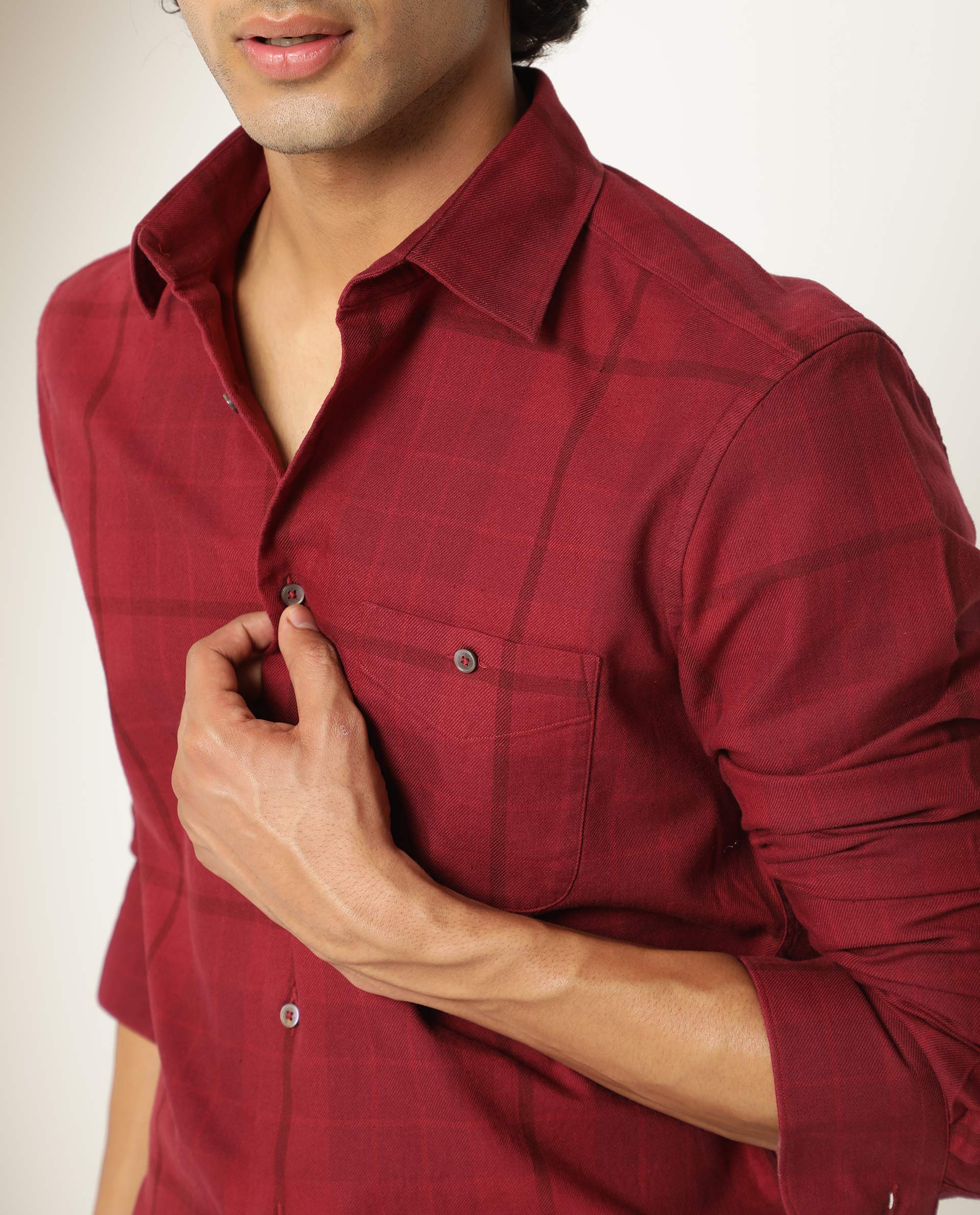 Rare Rabbit Men's Gareth Maroon Cotton Checked Print Regular Fit Full Sleeve Collared Shirt - Image 2