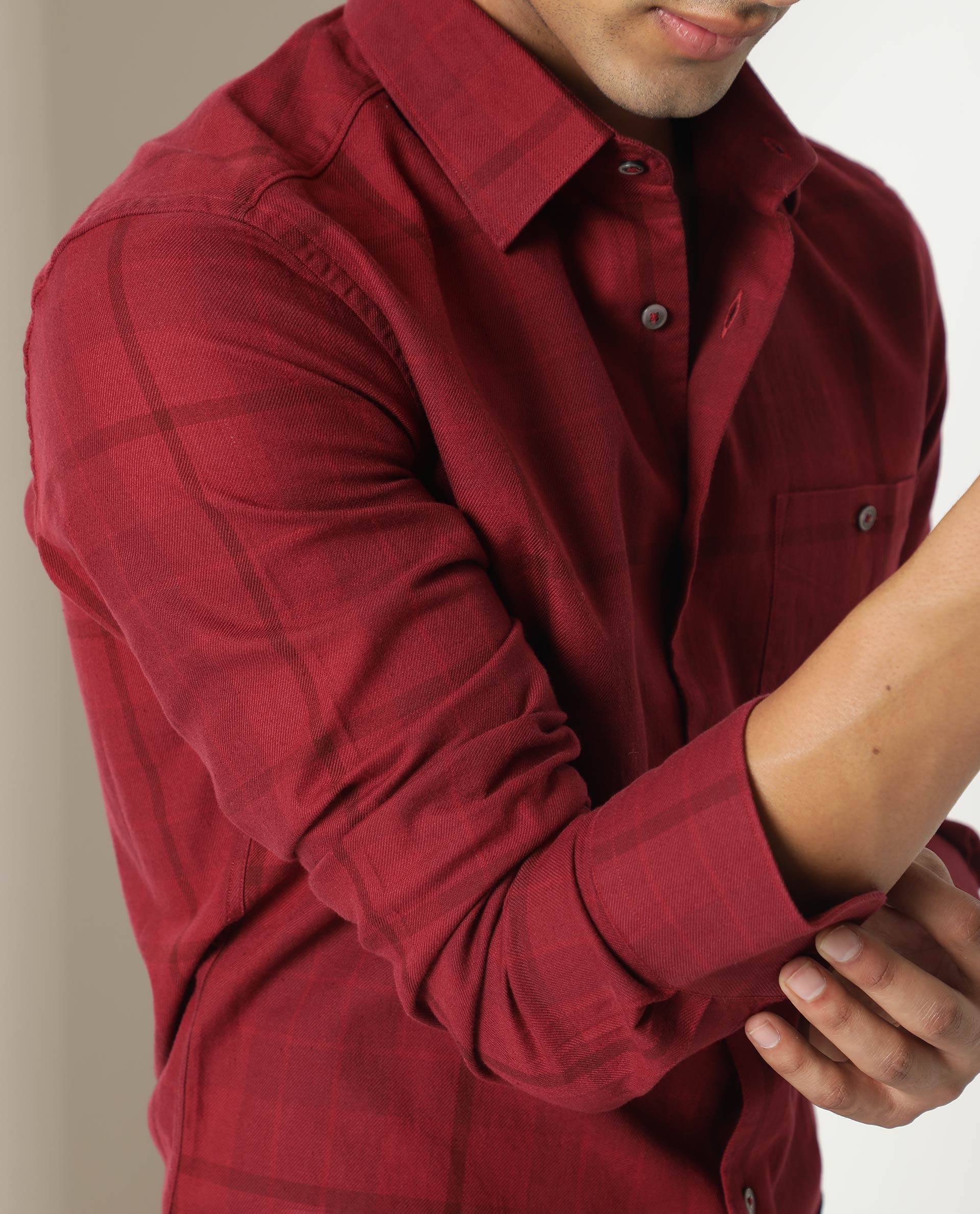 Rare Rabbit Men's Gareth Maroon Cotton Checked Print Regular Fit Full Sleeve Collared Shirt - Image 3