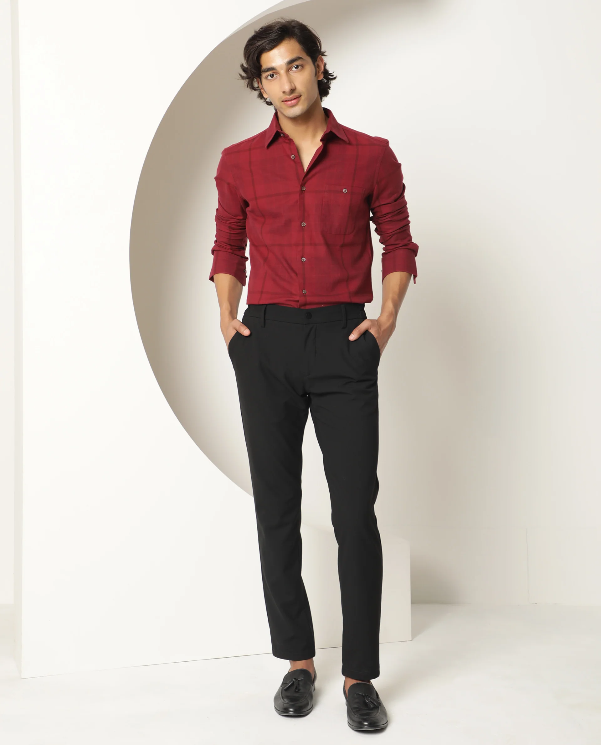 Rare Rabbit Men's Gareth Maroon Cotton Checked Print Regular Fit Full Sleeve Collared Shirt - Image 5