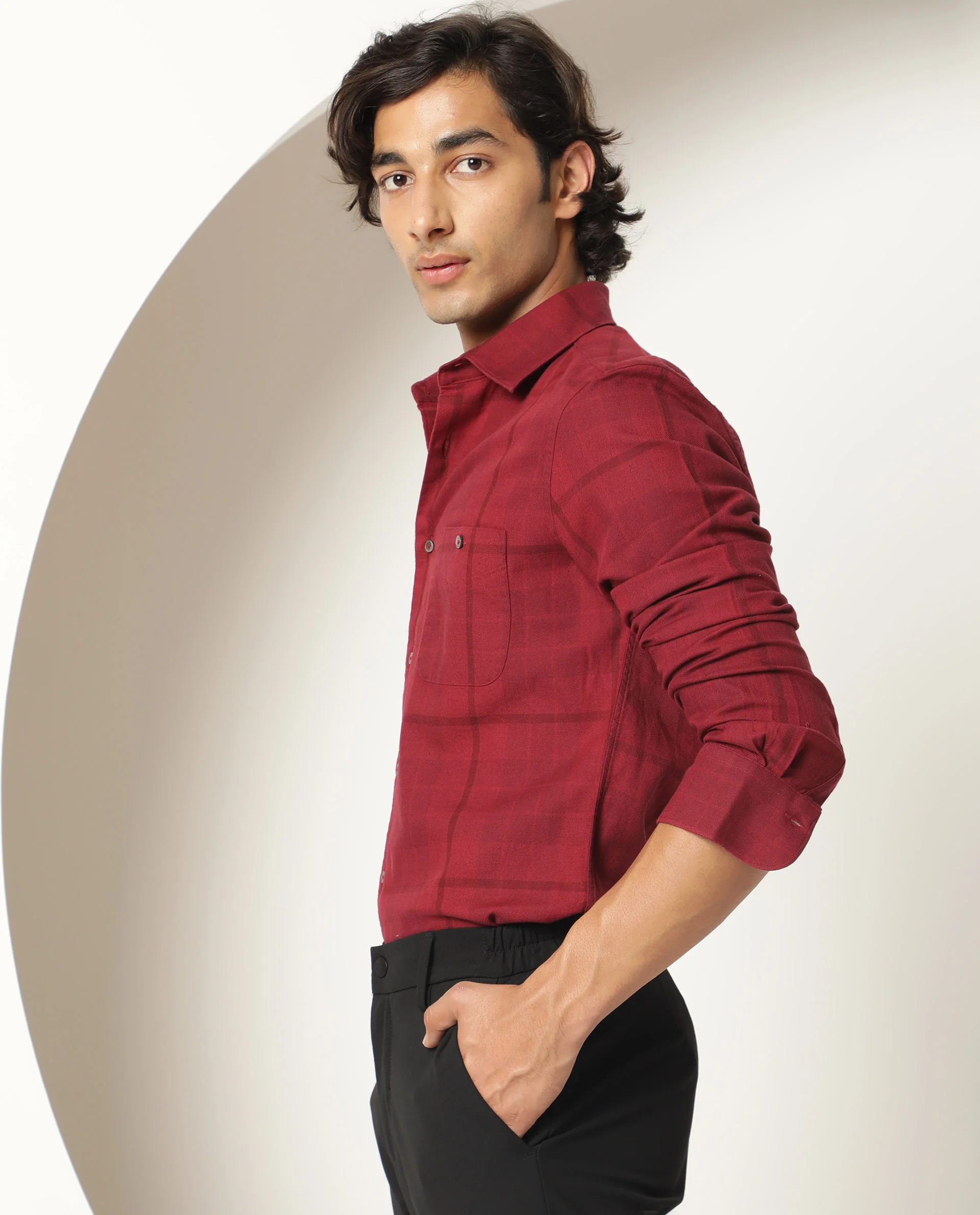 Rare Rabbit Men's Gareth Maroon Cotton Checked Print Regular Fit Full Sleeve Collared Shirt - Image 7