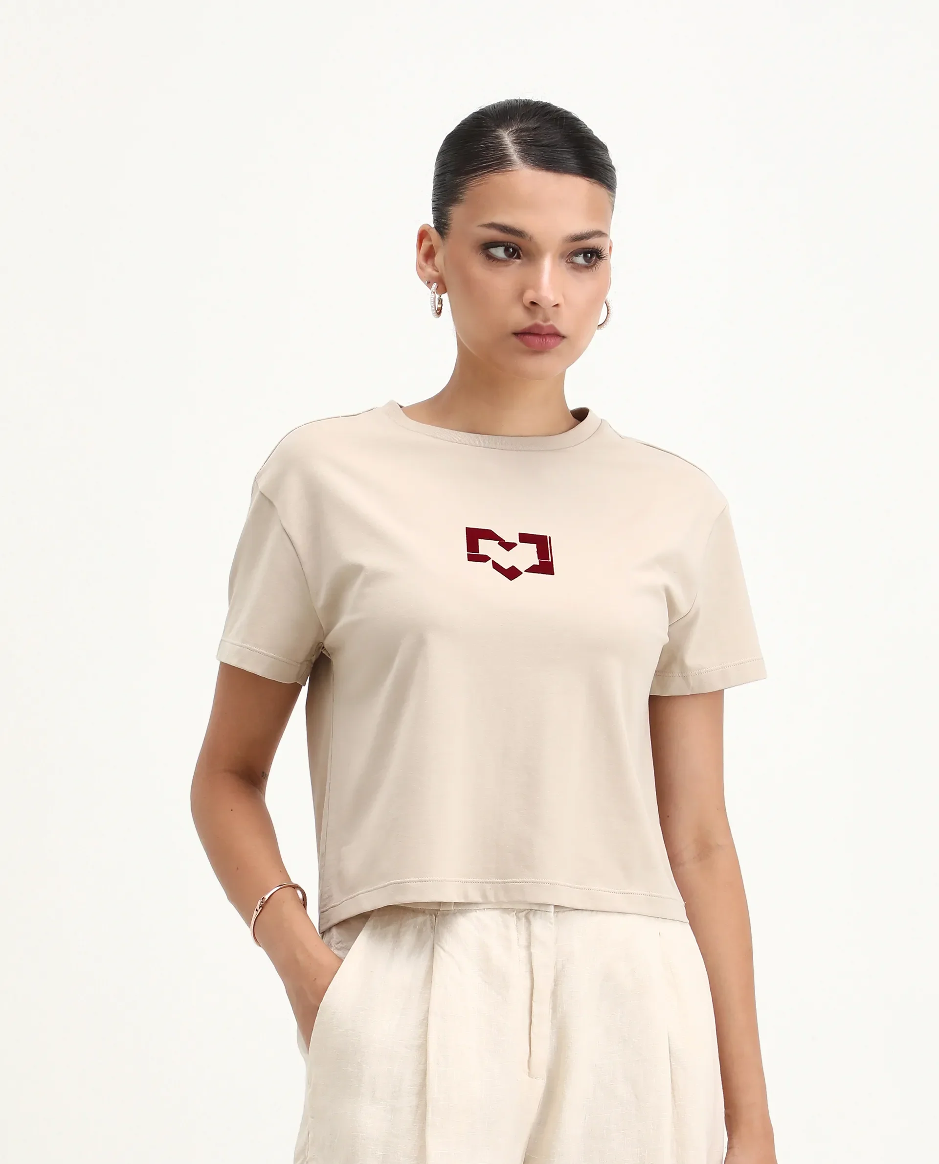 Rareism Women's Garn Beige Cotton Blend Crew Neck Regular Fit T-Shirt - Image 3