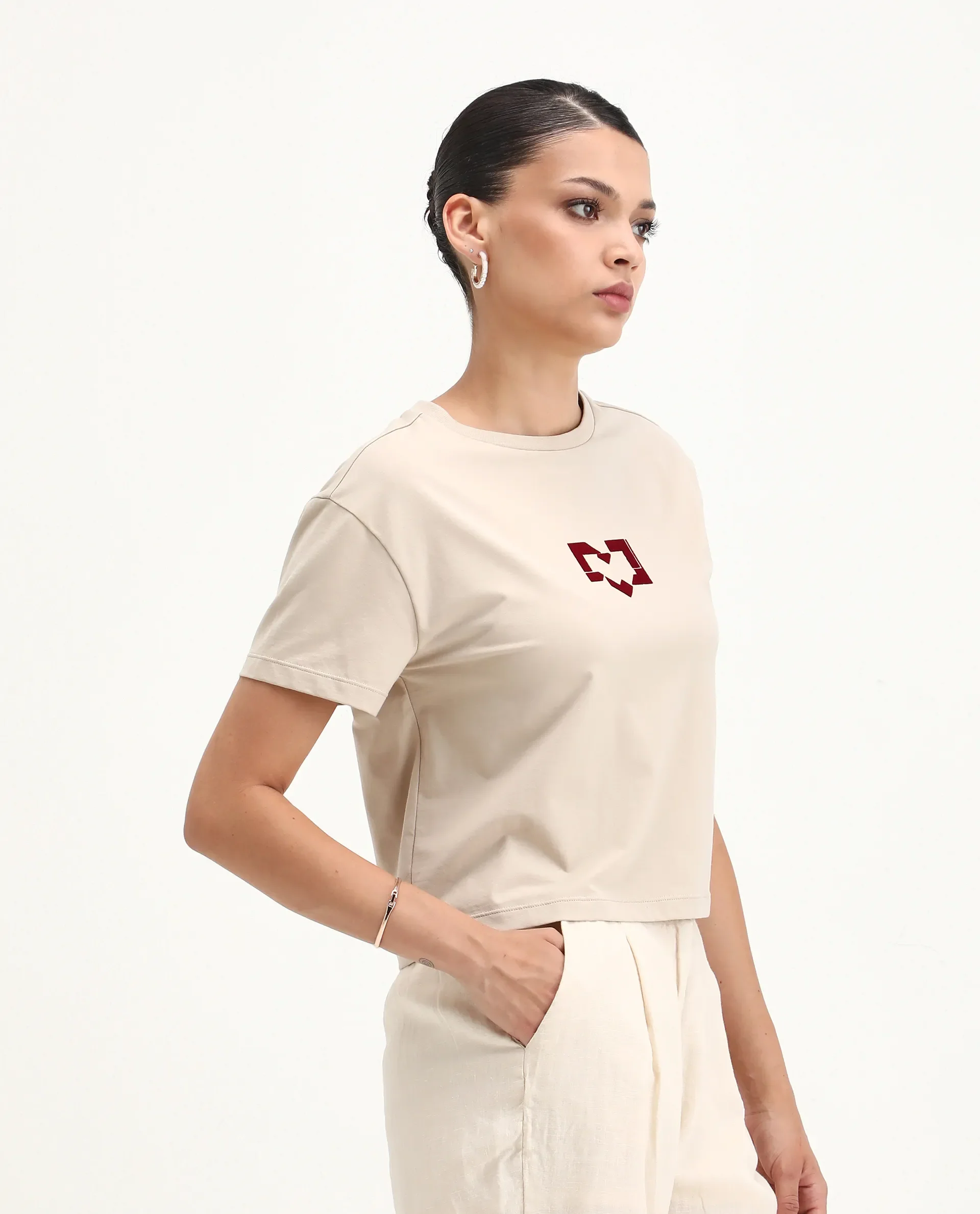 Rareism Women's Garn Beige Cotton Blend Crew Neck Regular Fit T-Shirt - Image 4