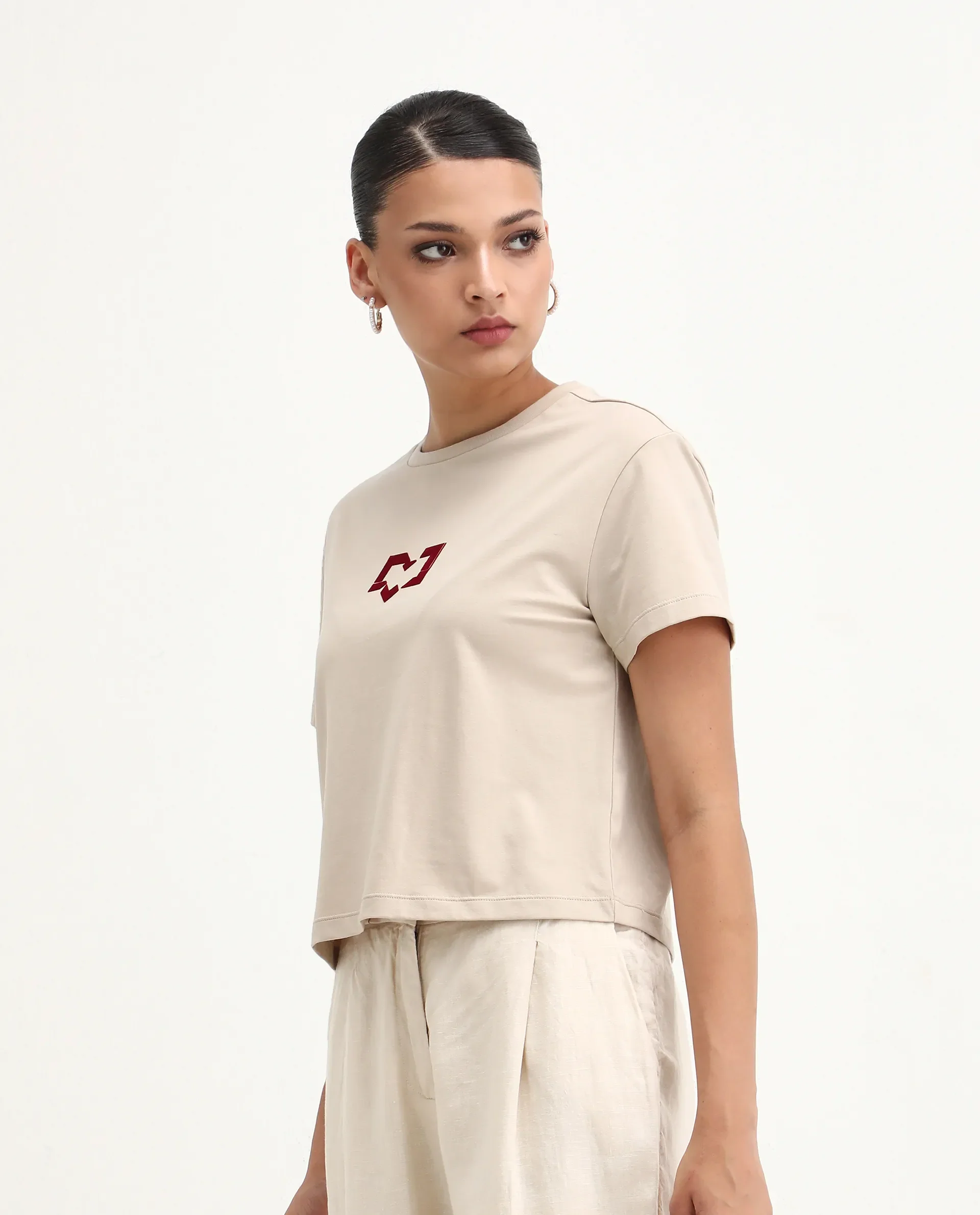 Rareism Women's Garn Beige Cotton Blend Crew Neck Regular Fit T-Shirt - Image 5