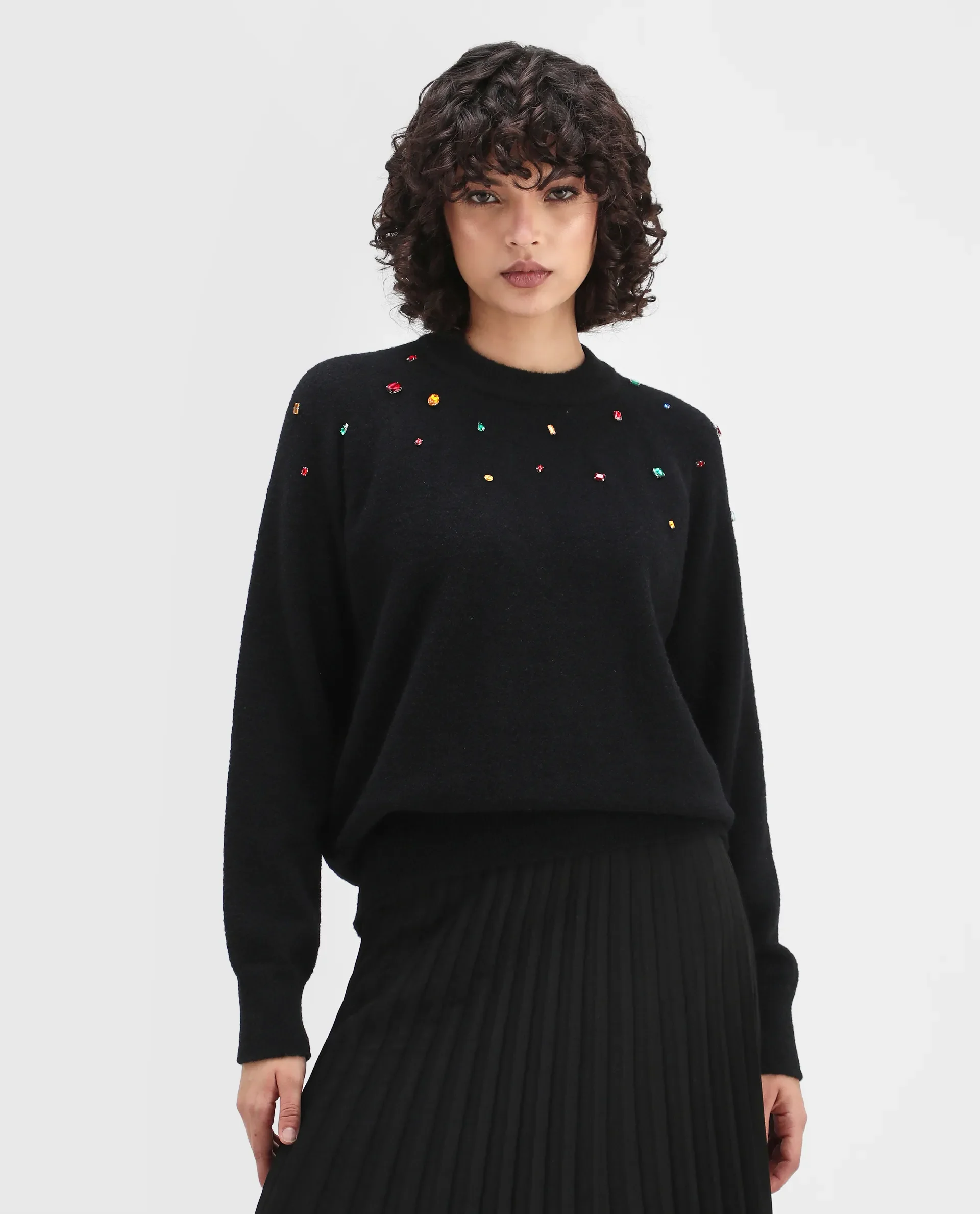 Rareism Women's Garnet Black Nylon Crew Neck Relaxed Fit Sweater - Image 3