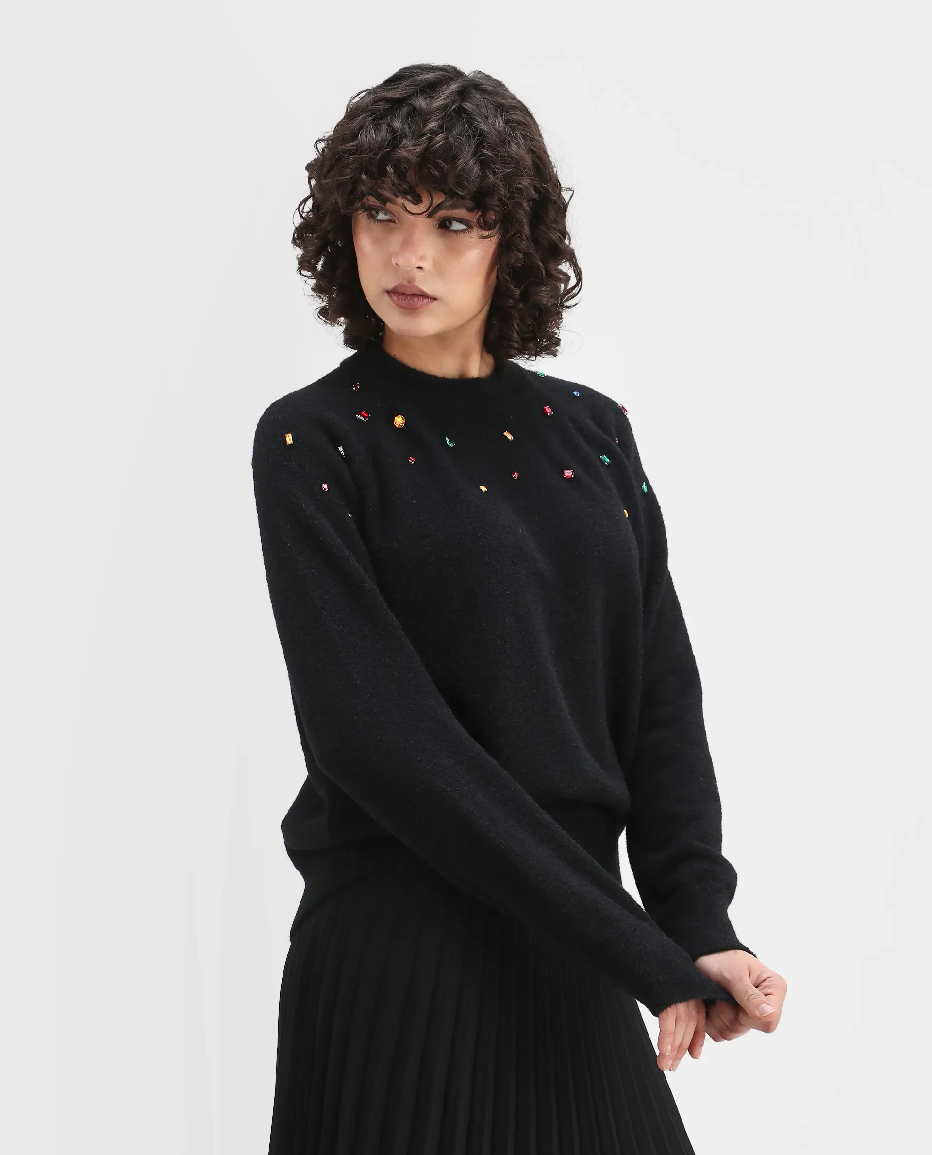 Rareism Women's Garnet Black Nylon Crew Neck Relaxed Fit Sweater - Image 5