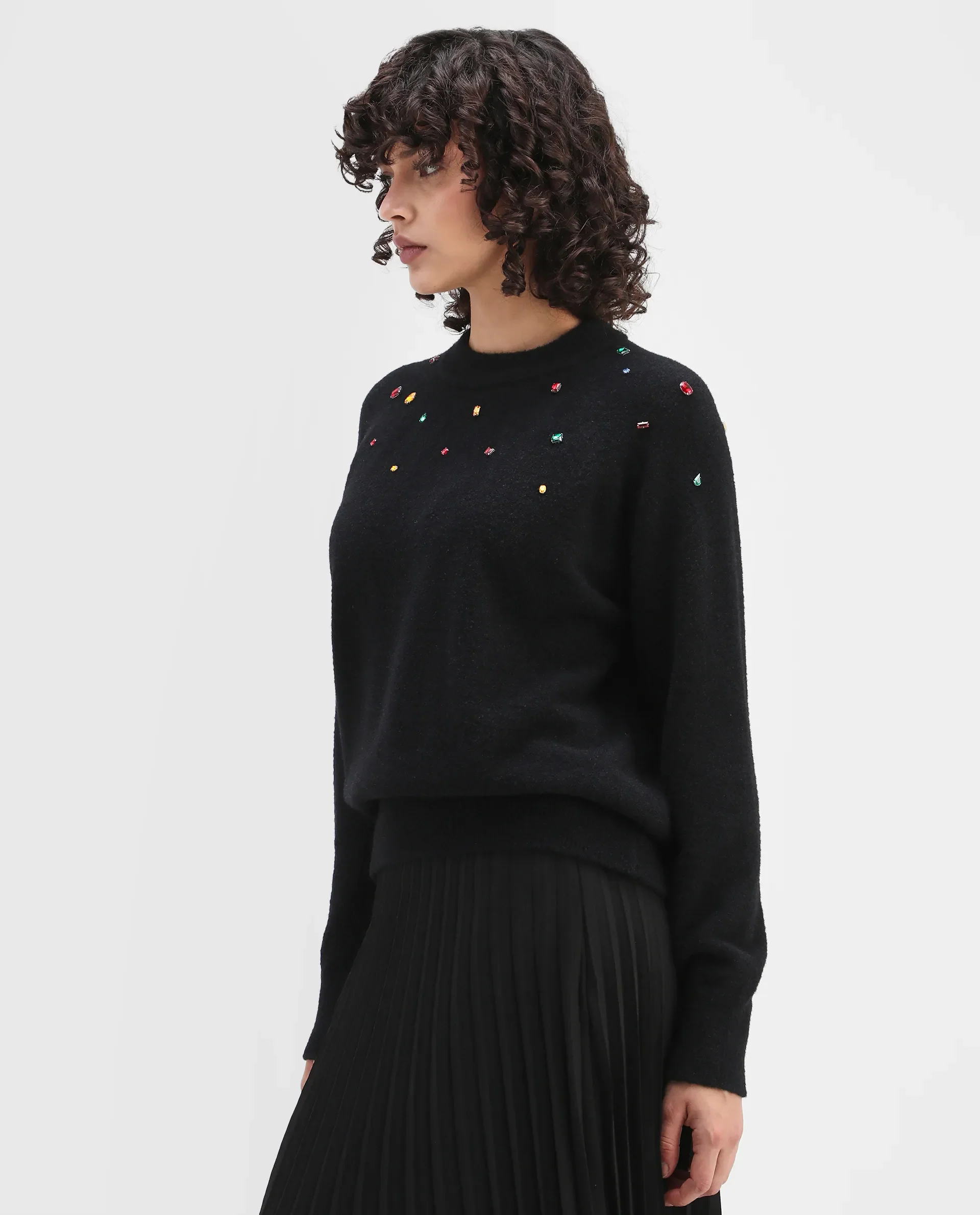 Rareism Women's Garnet Black Nylon Crew Neck Relaxed Fit Sweater - Image 6