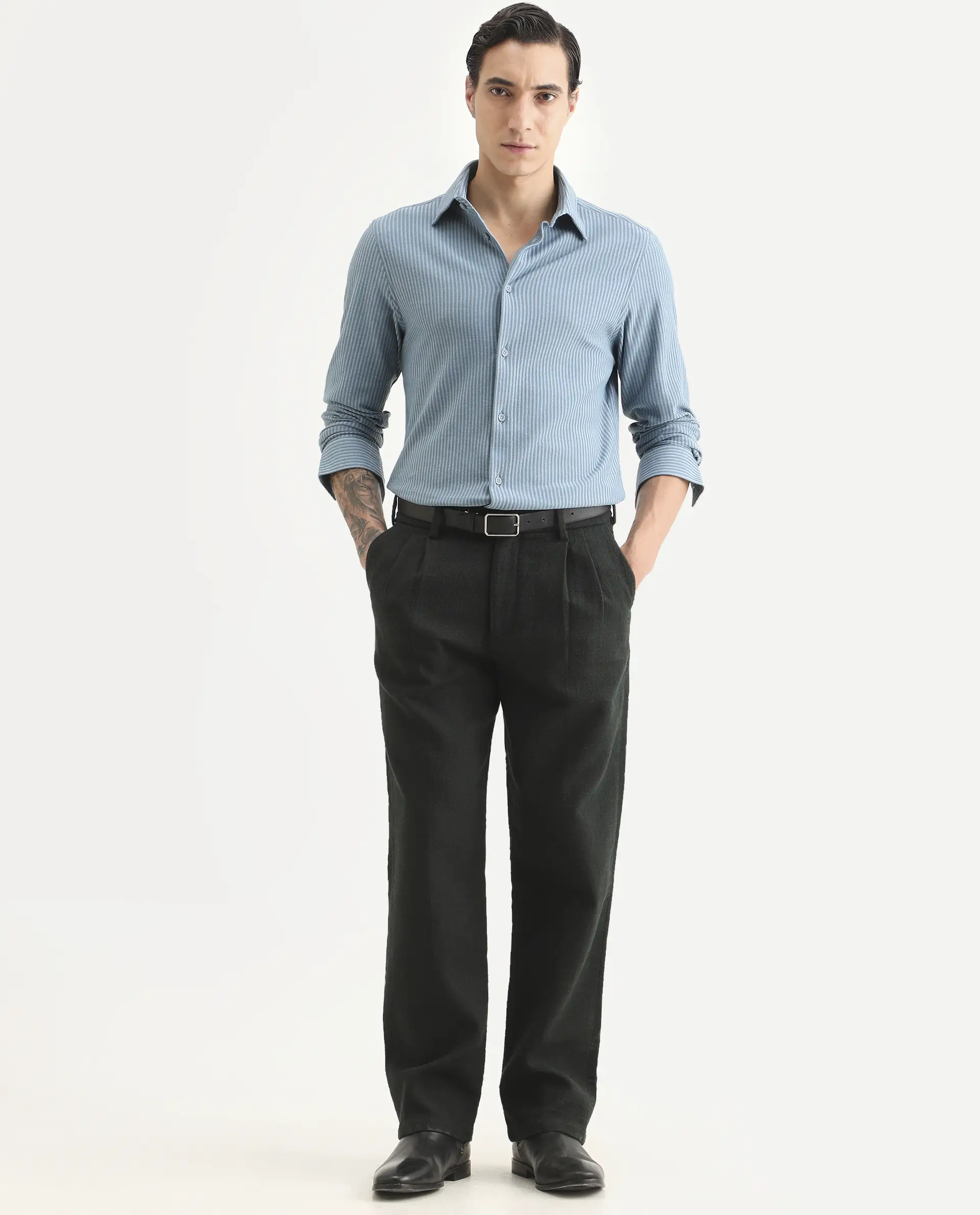 Rare Rabbit Men's Garo Blue Cotton Fabric Full Sleeve Spread Collar Regular Fit Striped Shirt - Image 2