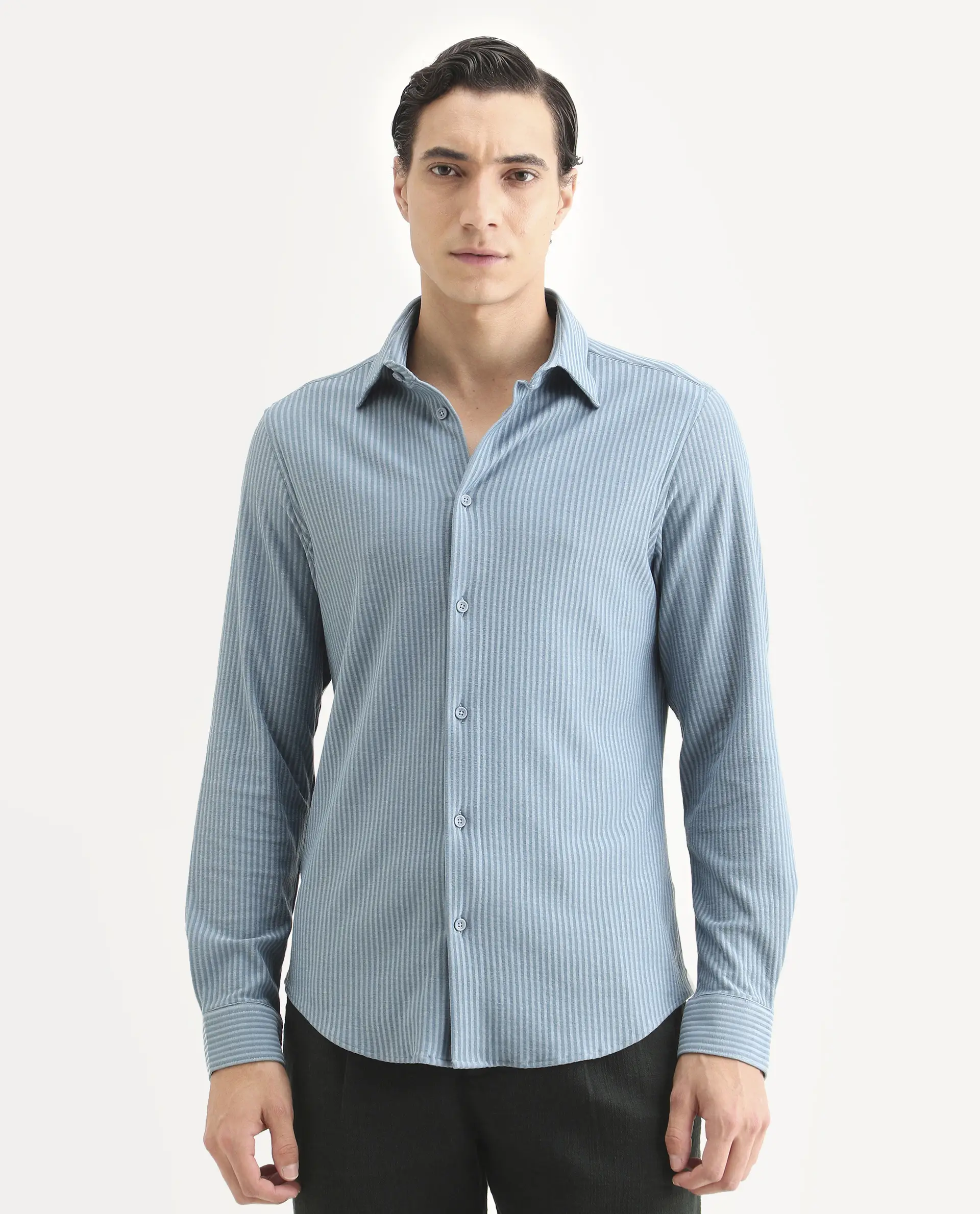Rare Rabbit Men's Garo Blue Cotton Fabric Full Sleeve Spread Collar Regular Fit Striped Shirt - Image 4