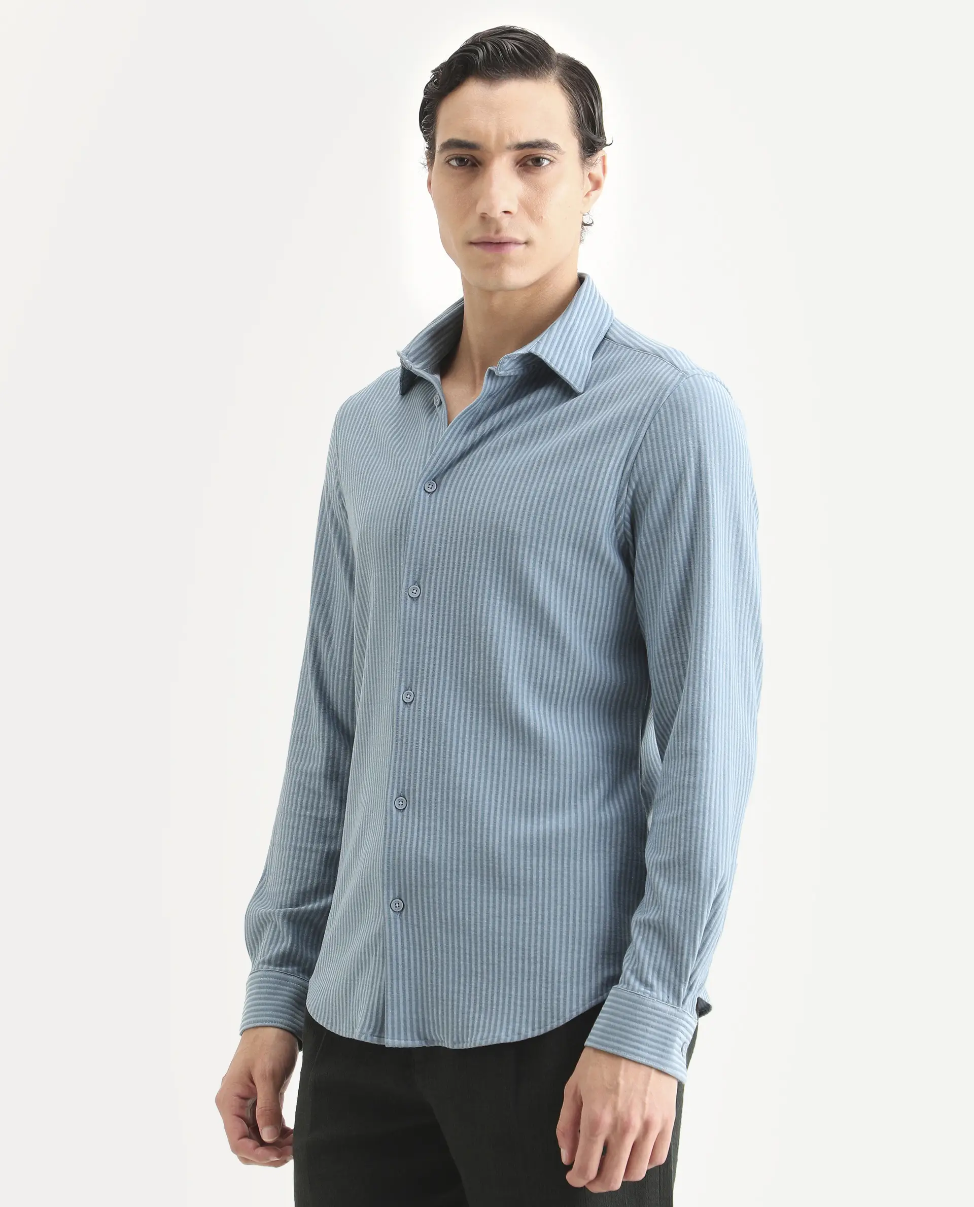 Rare Rabbit Men's Garo Blue Cotton Fabric Full Sleeve Spread Collar Regular Fit Striped Shirt - Image 5