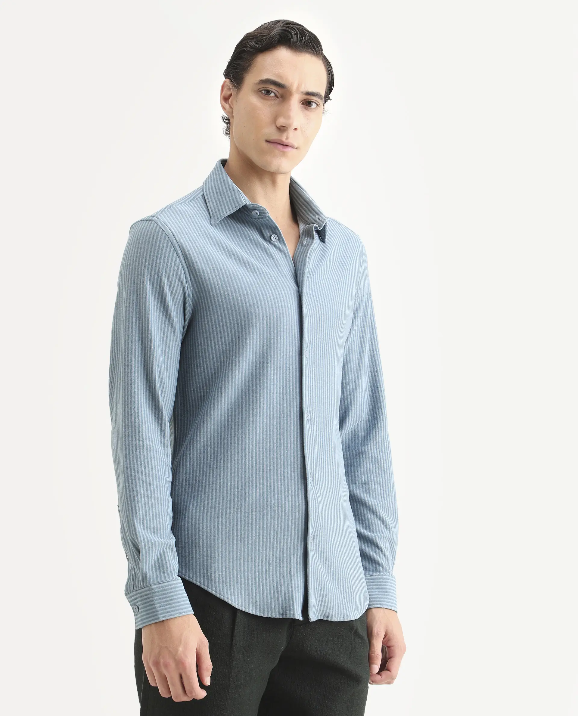 Rare Rabbit Men's Garo Blue Cotton Fabric Full Sleeve Spread Collar Regular Fit Striped Shirt - Image 6