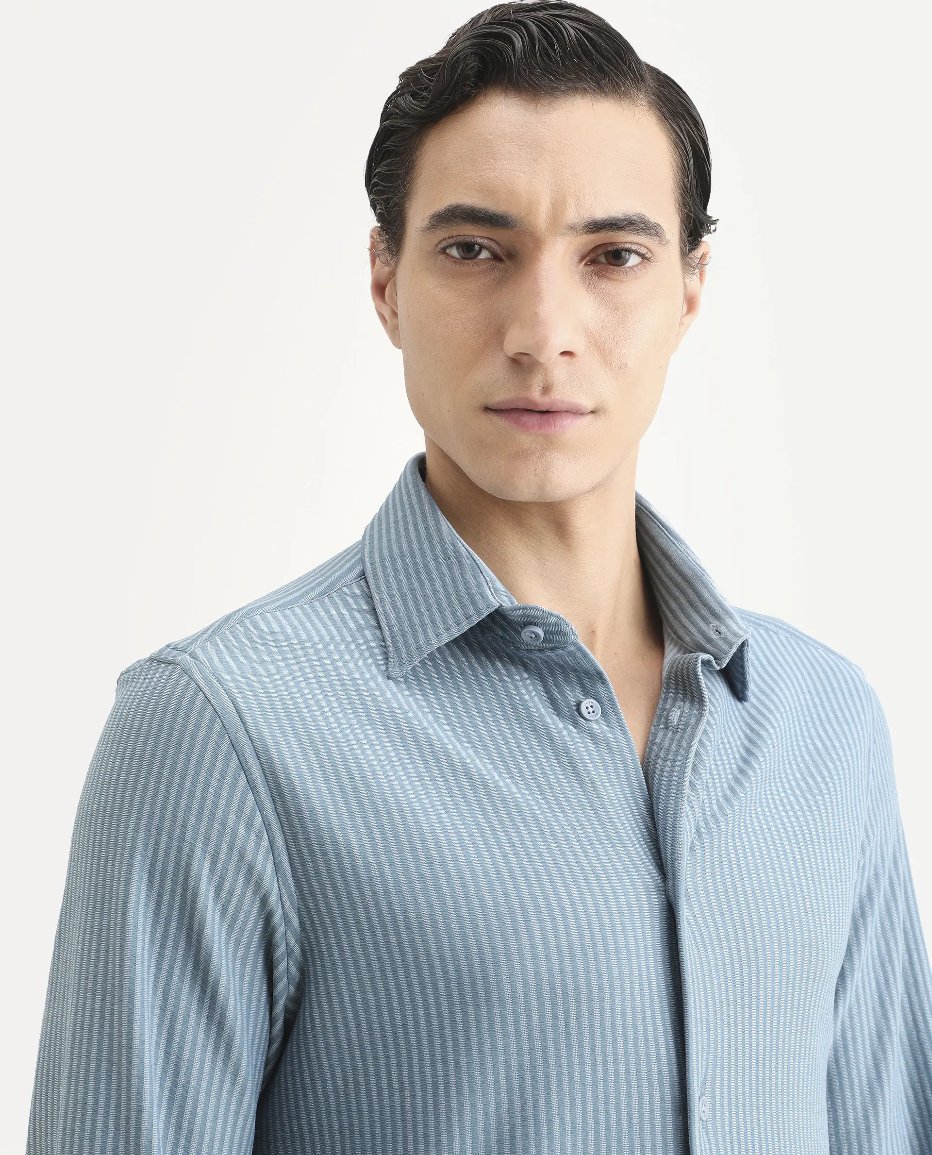 Rare Rabbit Men's Garo Blue Cotton Fabric Full Sleeve Spread Collar Regular Fit Striped Shirt - Image 7