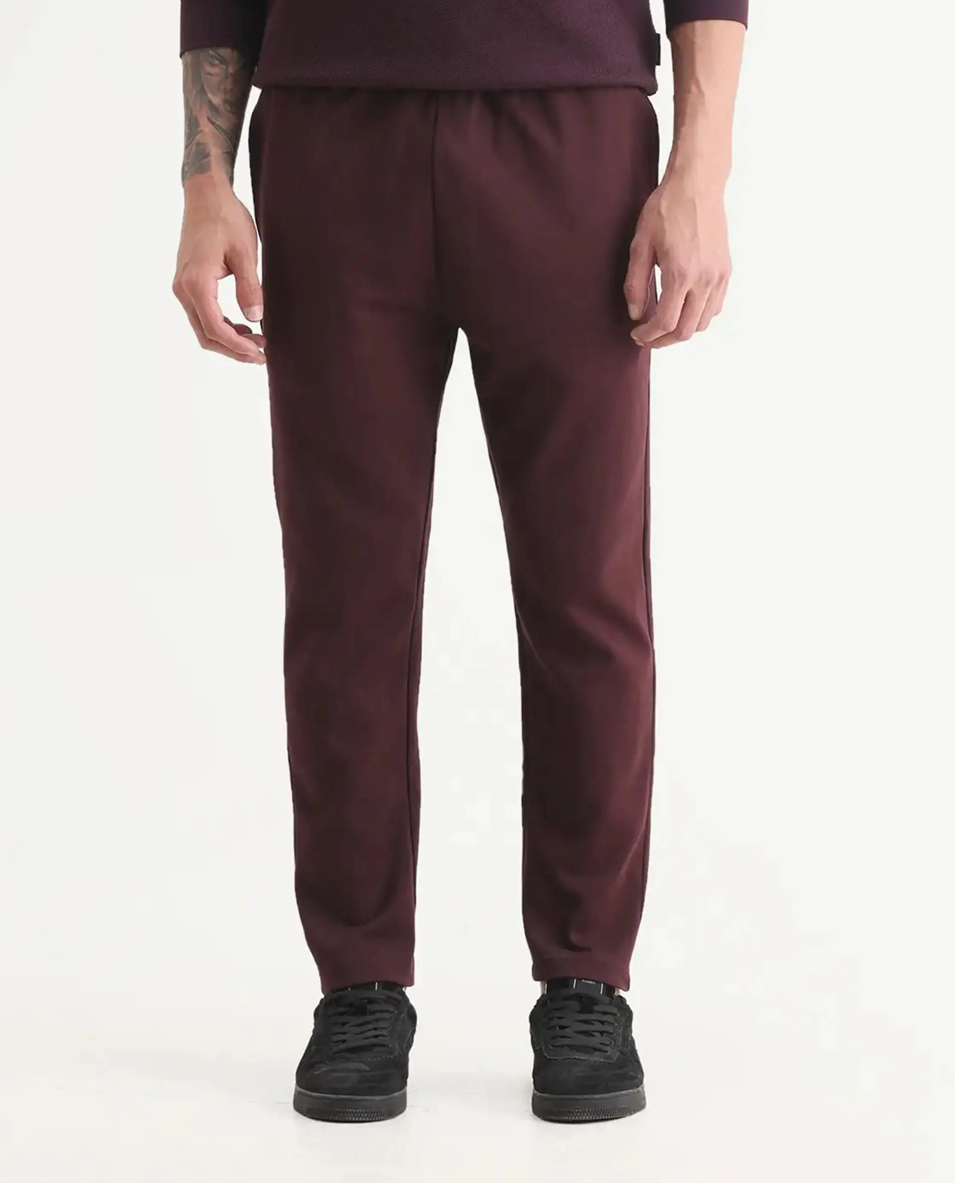 Rare Rabbit Men's Garon-B Dark Maroon Cotton Blend Fabric Regular Fit Plain Track Pant - Image 10