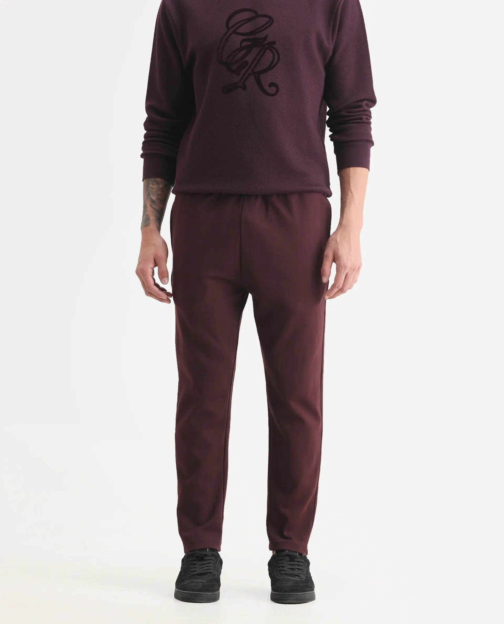 Rare Rabbit Men's Garon-B Dark Maroon Cotton Blend Fabric Regular Fit Plain Track Pant - Image 2