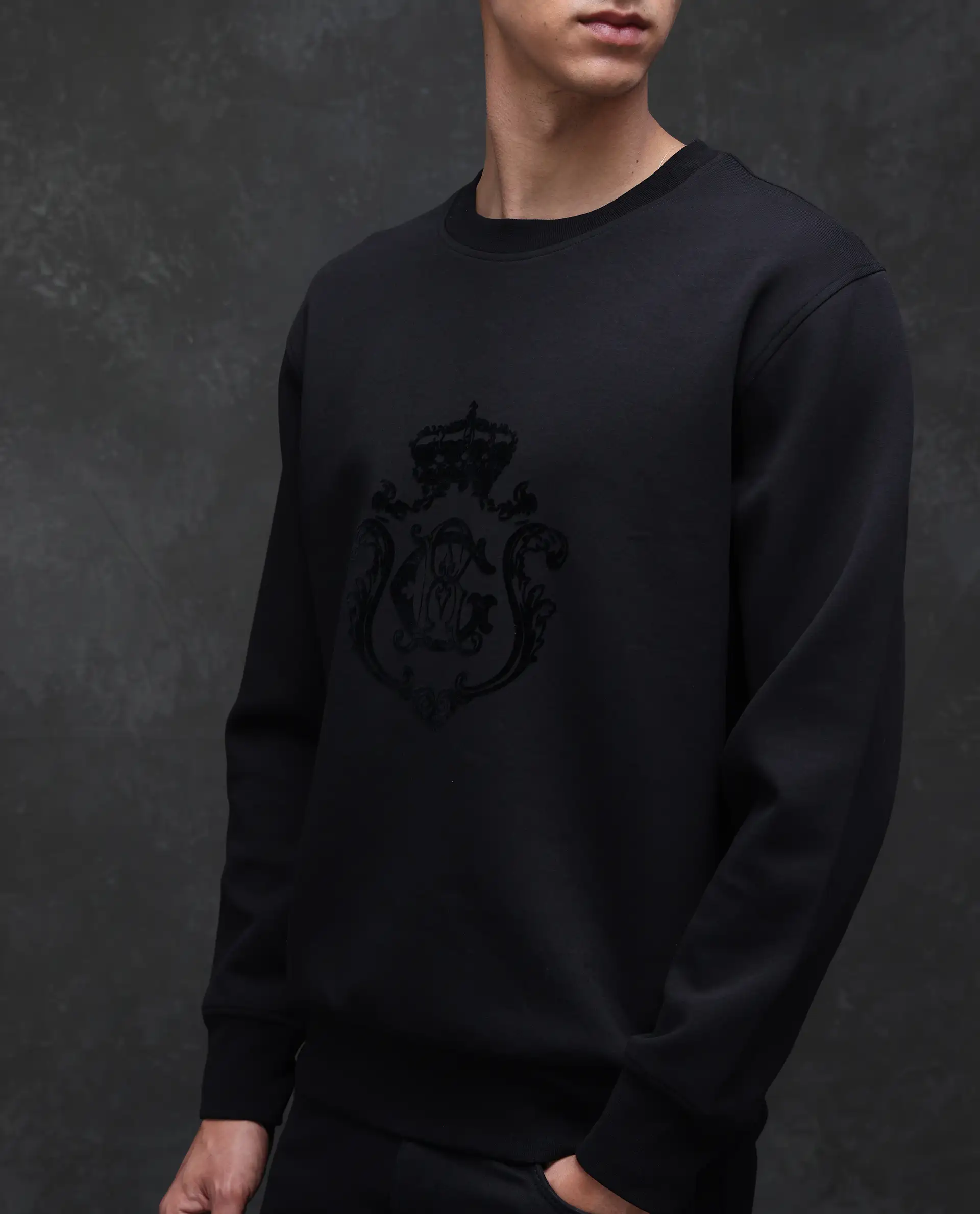 Rare Rabbit Men's Garon Black Cotton Blend Graphic Print Relaxed Fit Full Sleeve Crew Neck Sweatshirt - Image 2