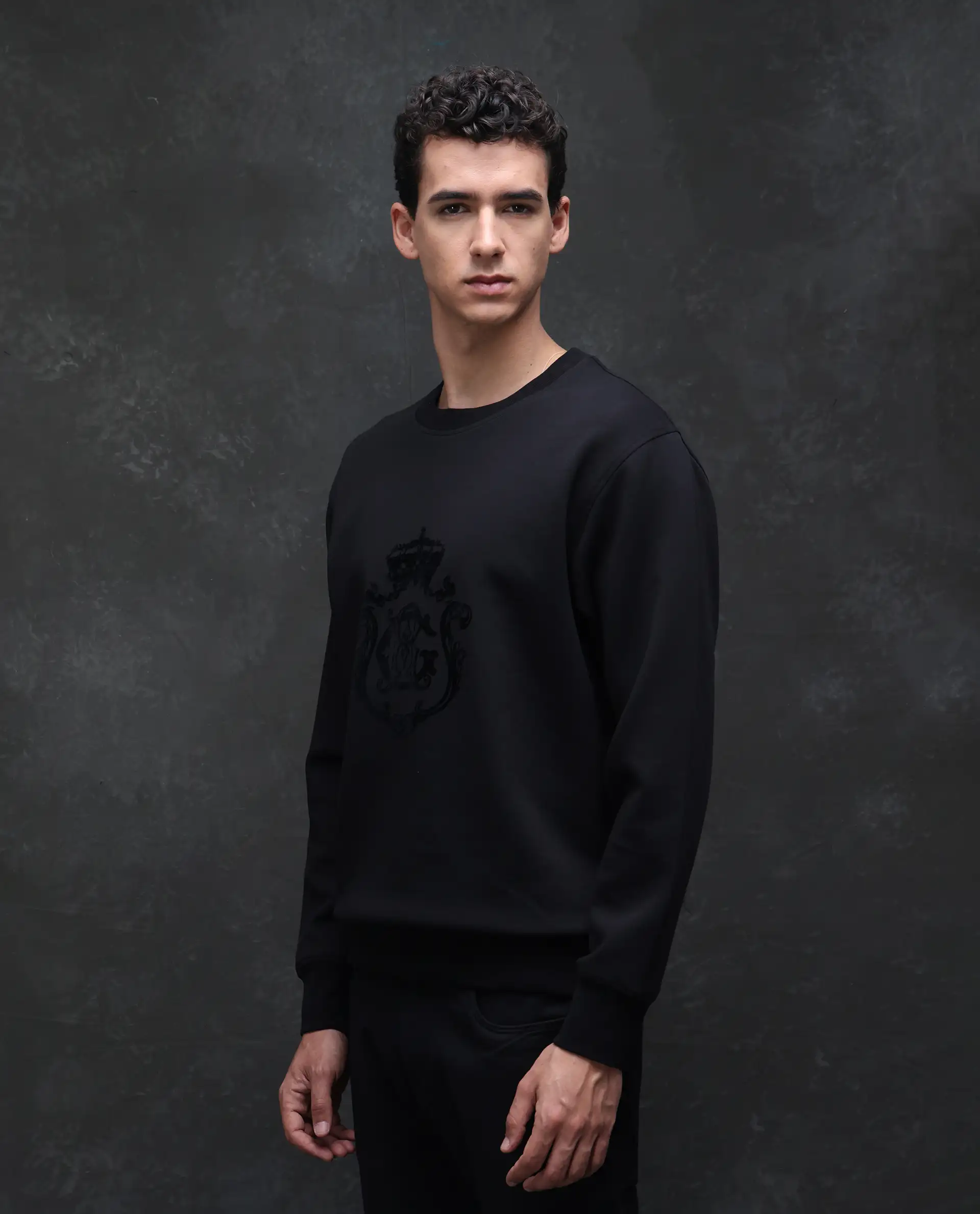 Rare Rabbit Men's Garon Black Cotton Blend Graphic Print Relaxed Fit Full Sleeve Crew Neck Sweatshirt - Image 3