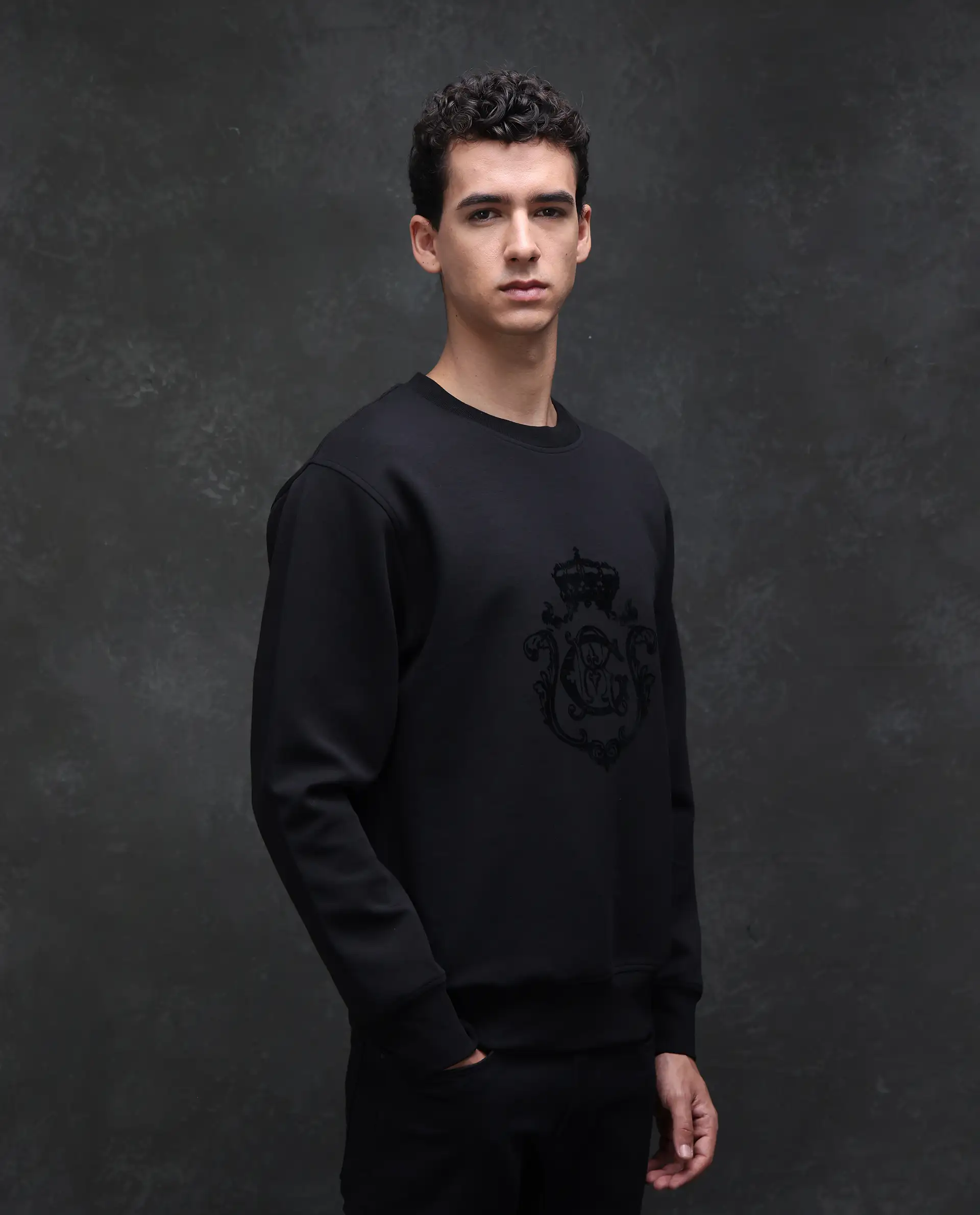 Rare Rabbit Men's Garon Black Cotton Blend Graphic Print Relaxed Fit Full Sleeve Crew Neck Sweatshirt - Image 4