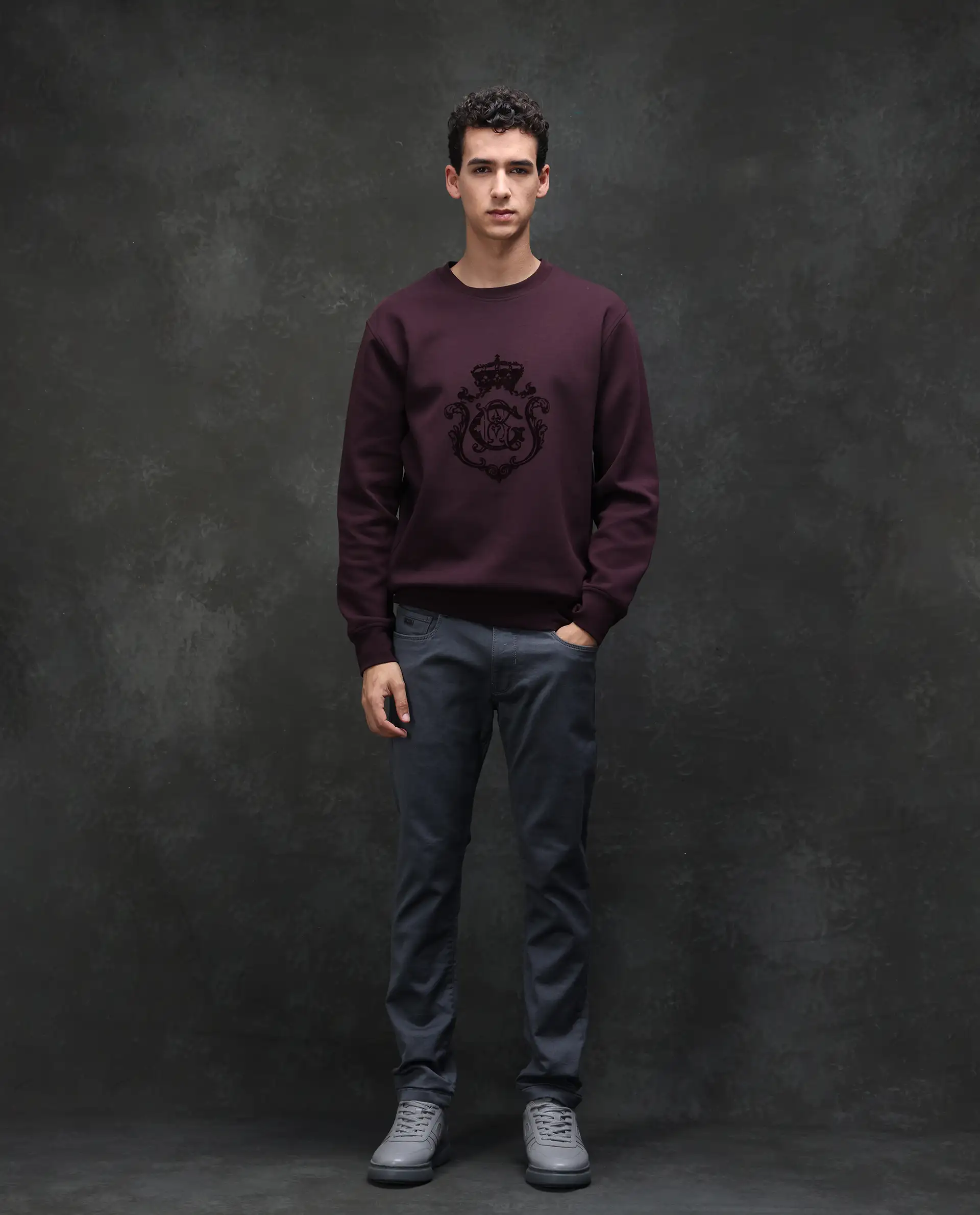 Rare Rabbit Men's Garon Dark Maroon Cotton Blend Graphic Print Relaxed Fit Full Sleeve Crew Neck Sweatshirt - Image 2