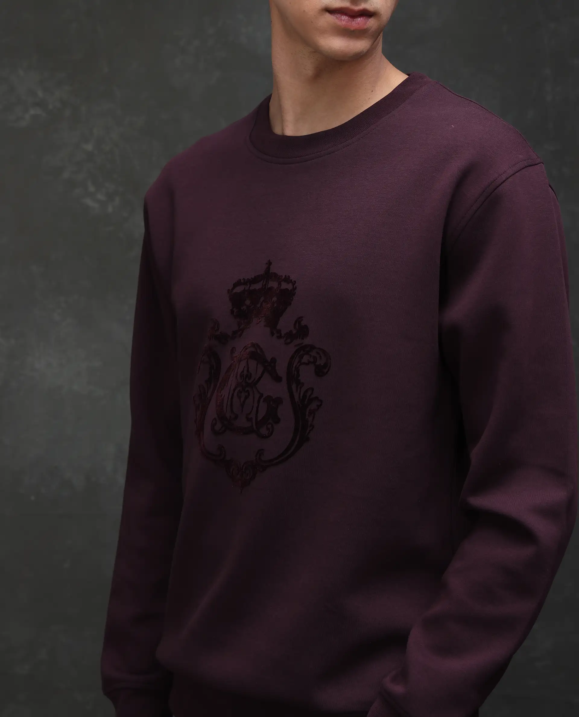 Rare Rabbit Men's Garon Dark Maroon Cotton Blend Graphic Print Relaxed Fit Full Sleeve Crew Neck Sweatshirt - Image 3
