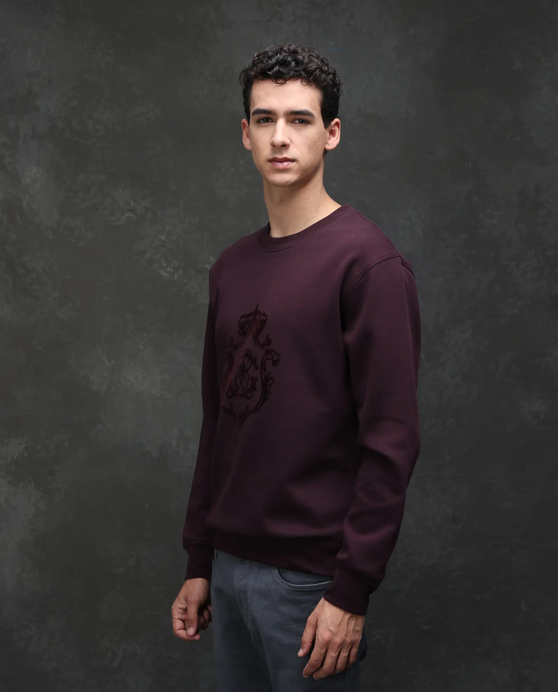 Rare Rabbit Men's Garon Dark Maroon Cotton Blend Graphic Print Relaxed Fit Full Sleeve Crew Neck Sweatshirt - Image 4
