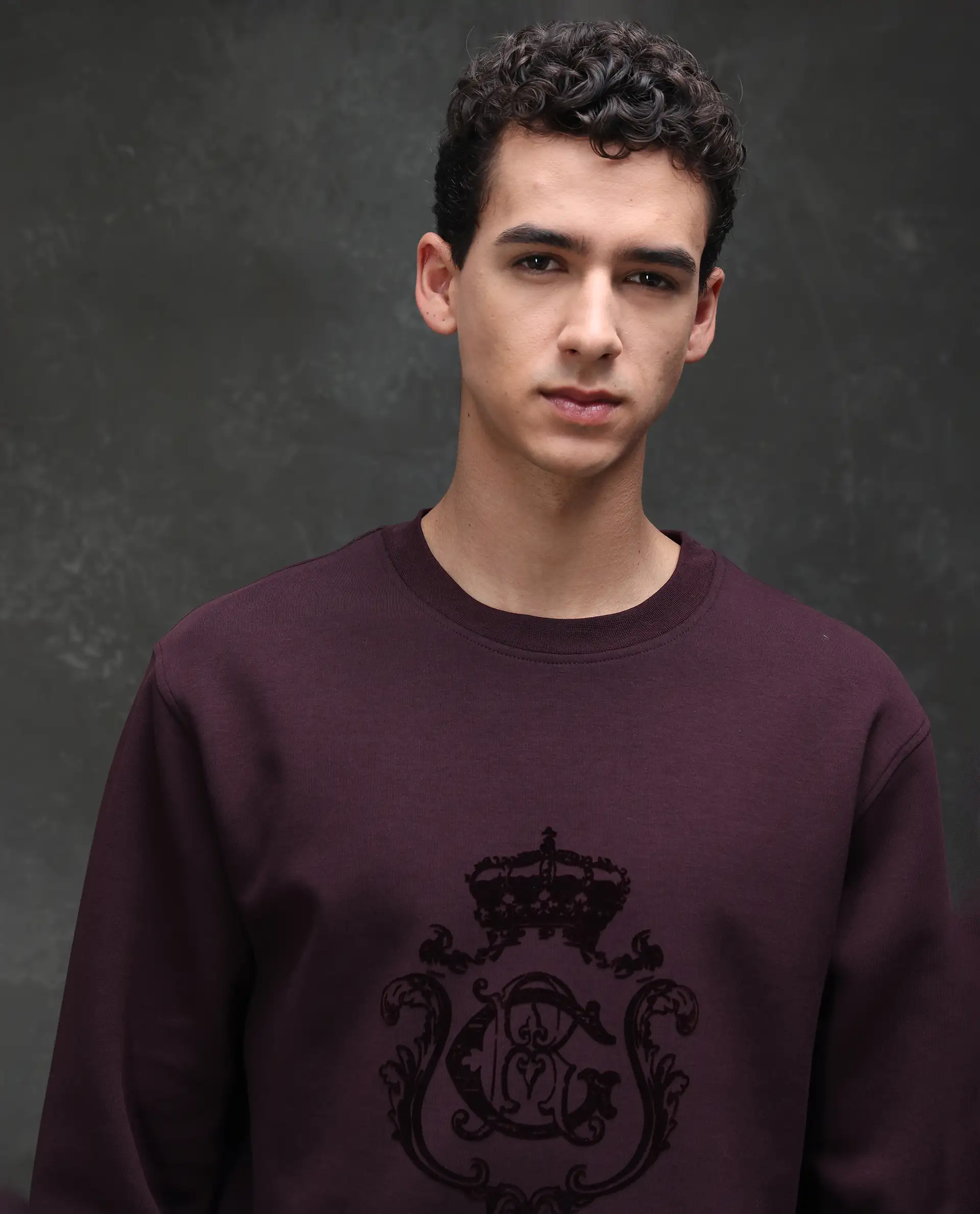 Rare Rabbit Men's Garon Dark Maroon Cotton Blend Graphic Print Relaxed Fit Full Sleeve Crew Neck Sweatshirt - Image 6
