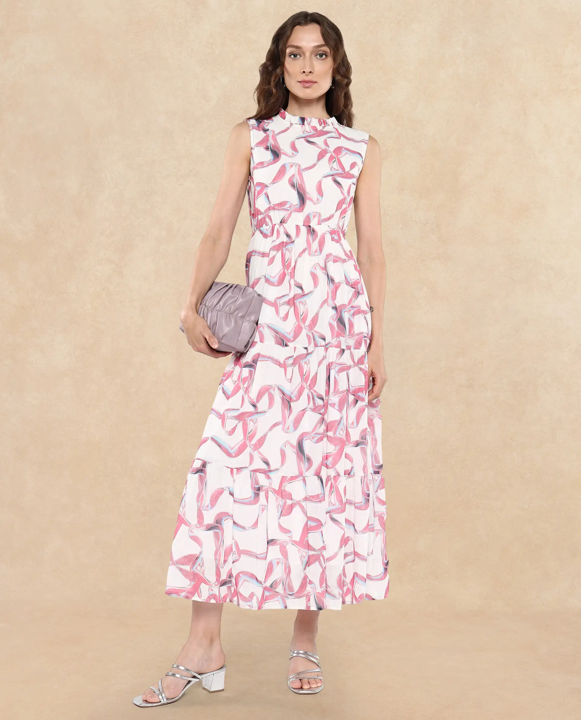 Rareism Women's Garp White Cotton Sweetheart Neck Abstract Print Sleeveless Maxi Tiered Dress - Image 6