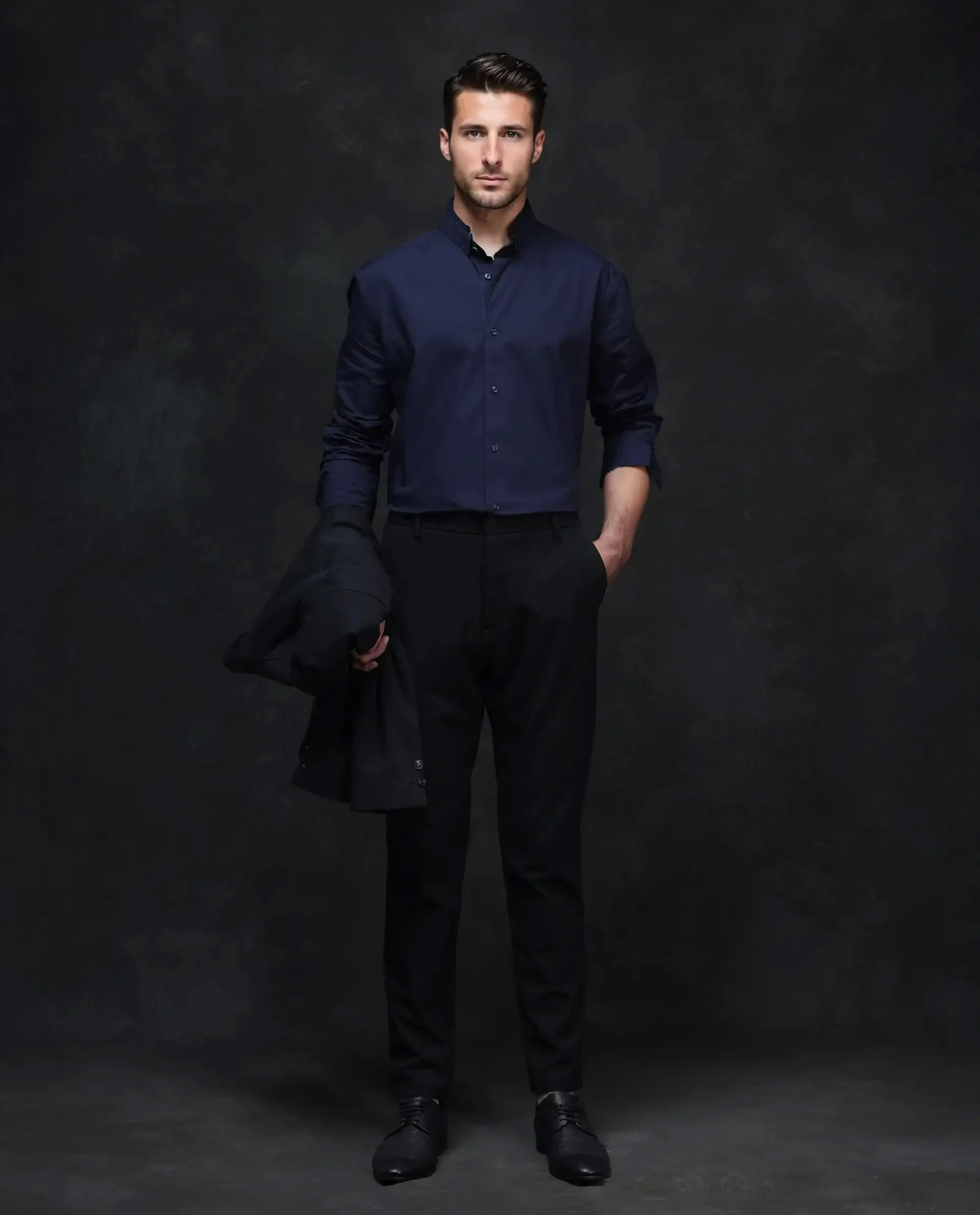 Rare Rabbit Men's Garry Navy Cotton Plain Relaxed Fit Full Sleeve Mandarin Collar Shirt - Image 2