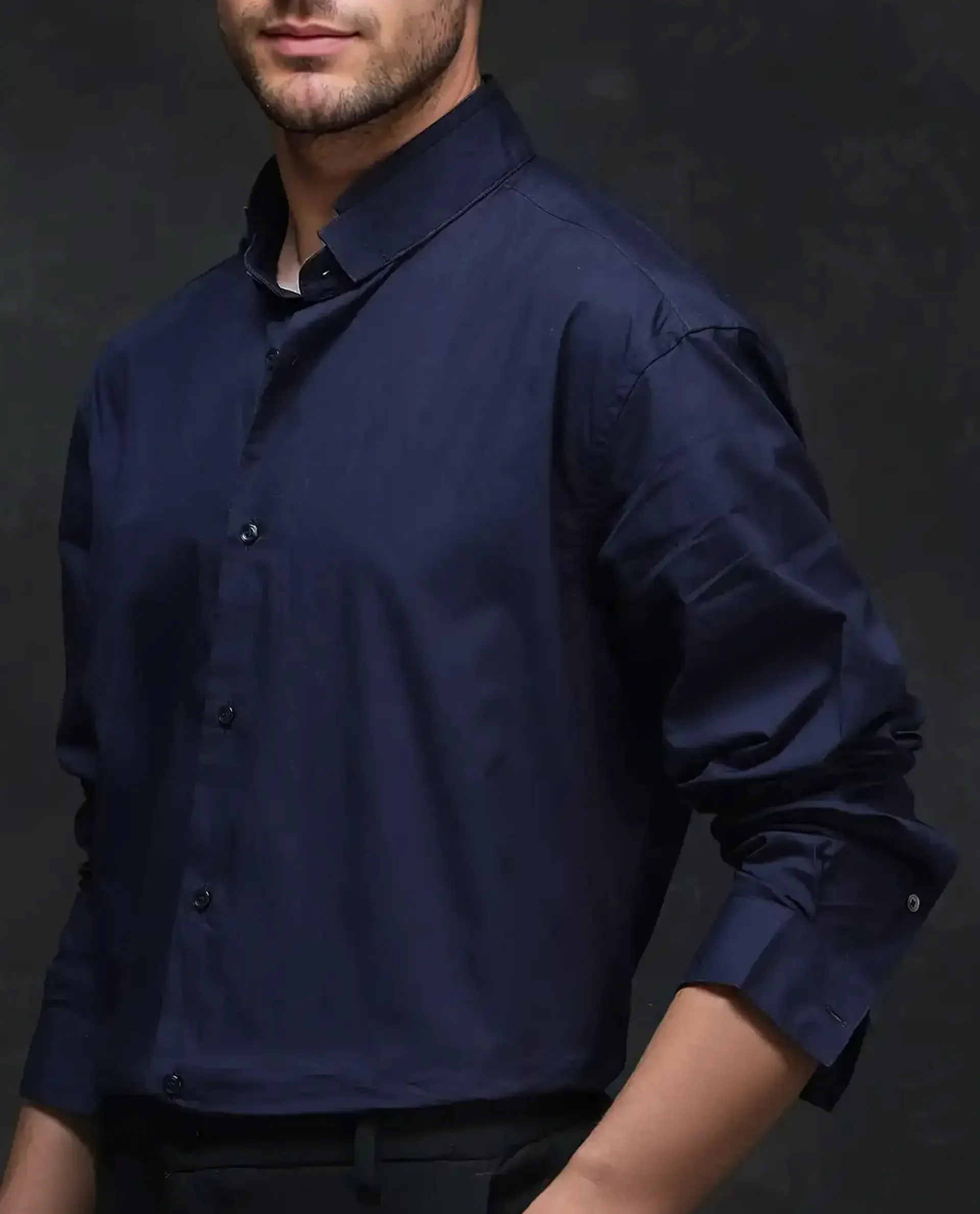 Rare Rabbit Men's Garry Navy Cotton Plain Relaxed Fit Full Sleeve Mandarin Collar Shirt - Image 3