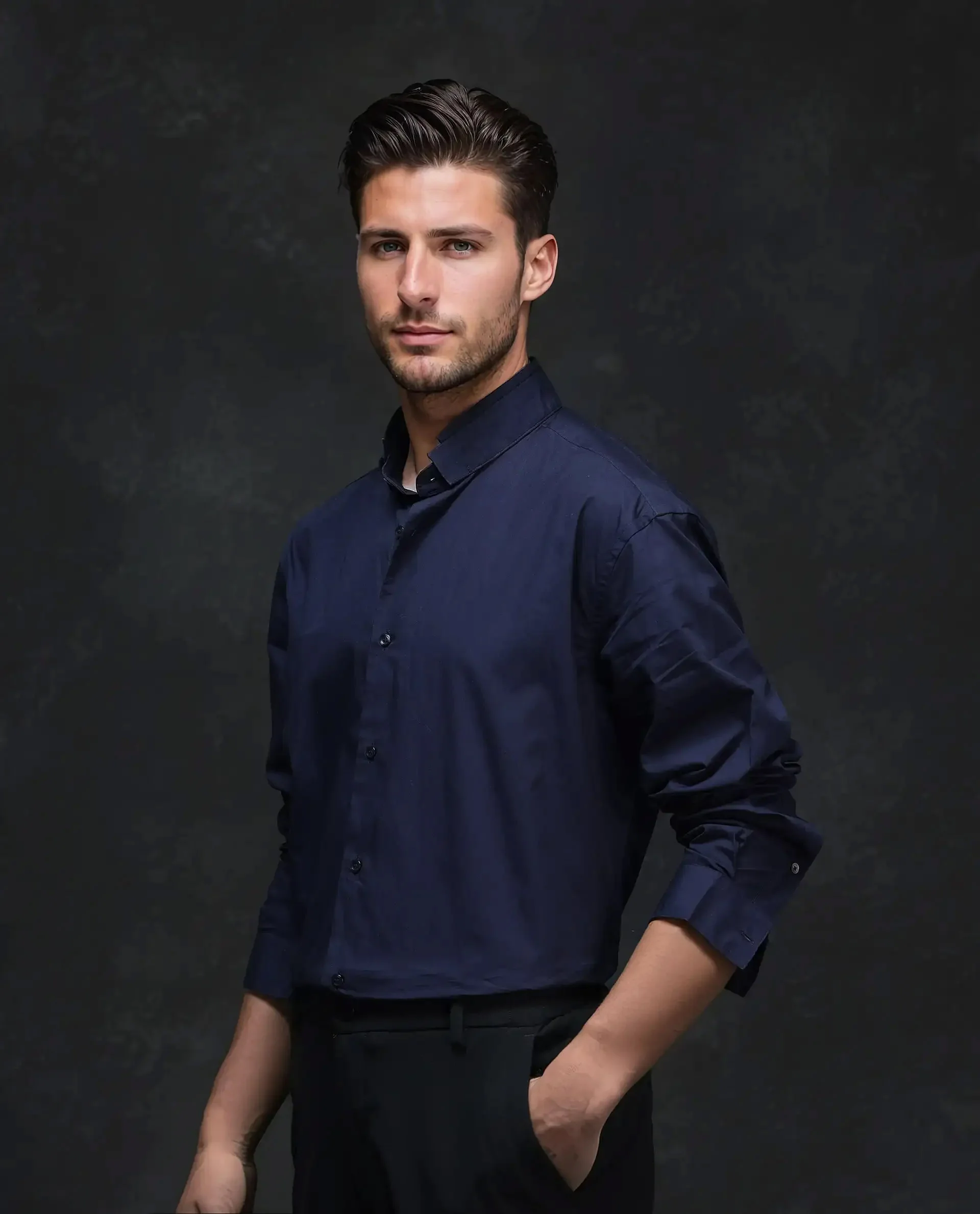 Rare Rabbit Men's Garry Navy Cotton Plain Relaxed Fit Full Sleeve Mandarin Collar Shirt - Image 4