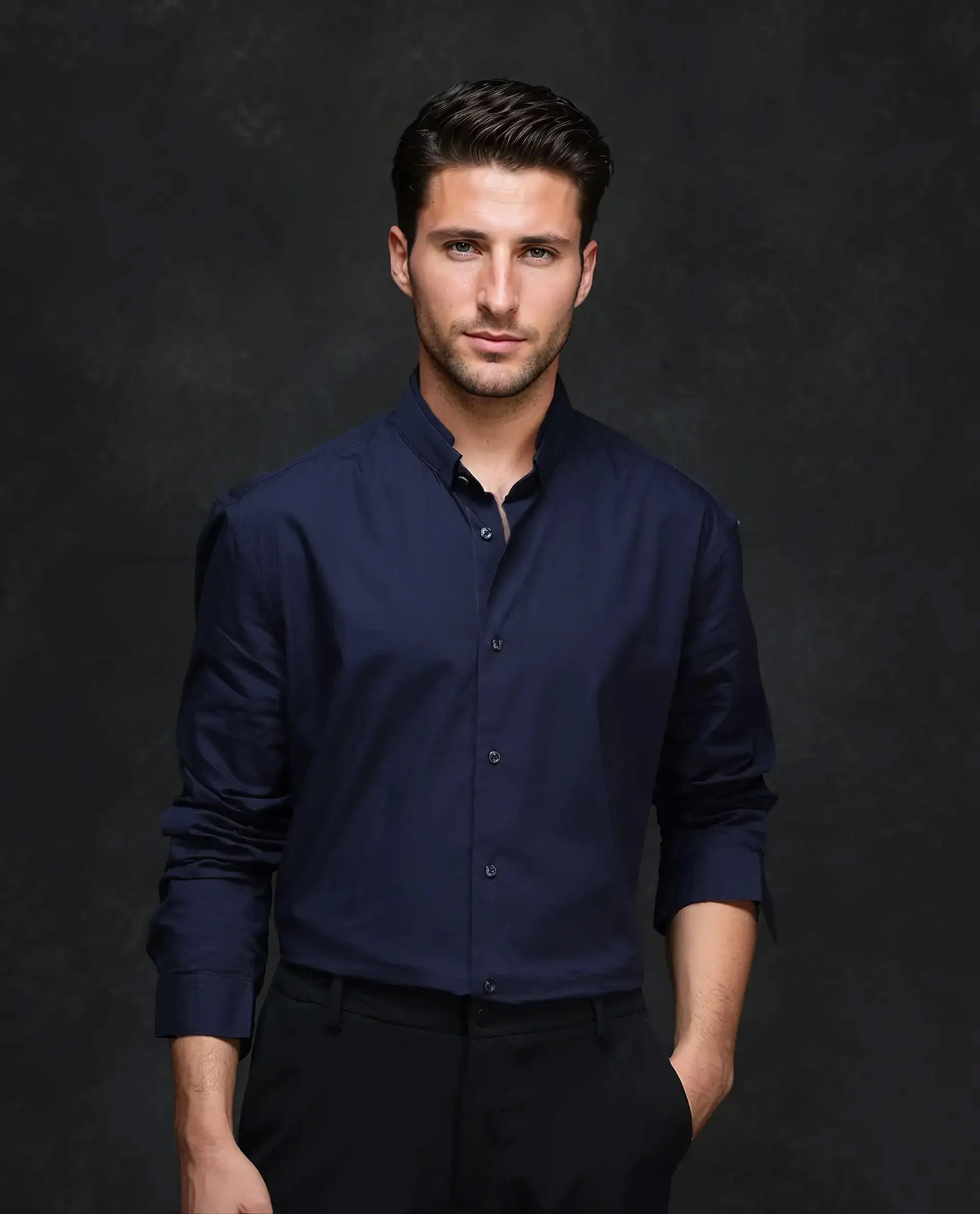 Rare Rabbit Men's Garry Navy Cotton Plain Relaxed Fit Full Sleeve Mandarin Collar Shirt - Image 6