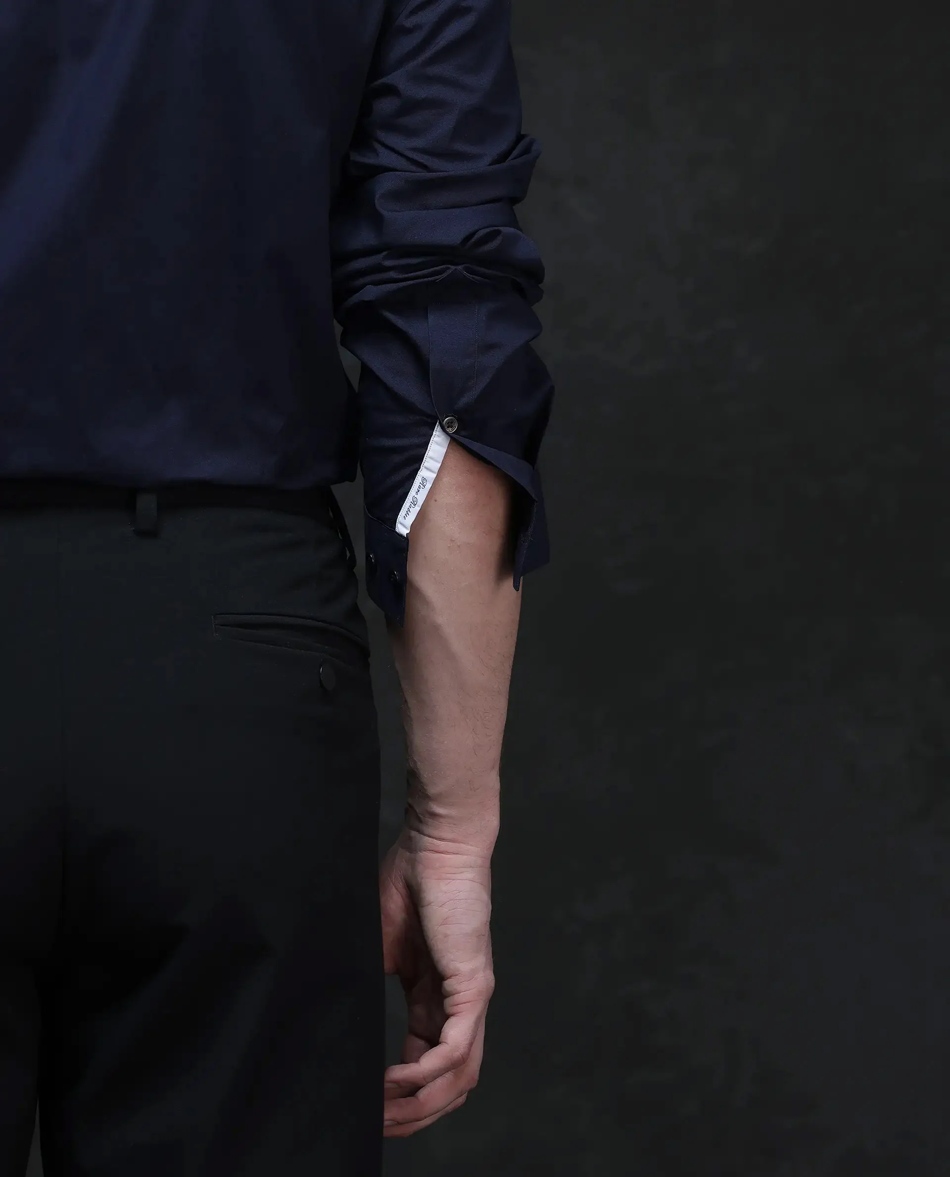 Rare Rabbit Men's Garry Navy Cotton Plain Relaxed Fit Full Sleeve Mandarin Collar Shirt - Image 7