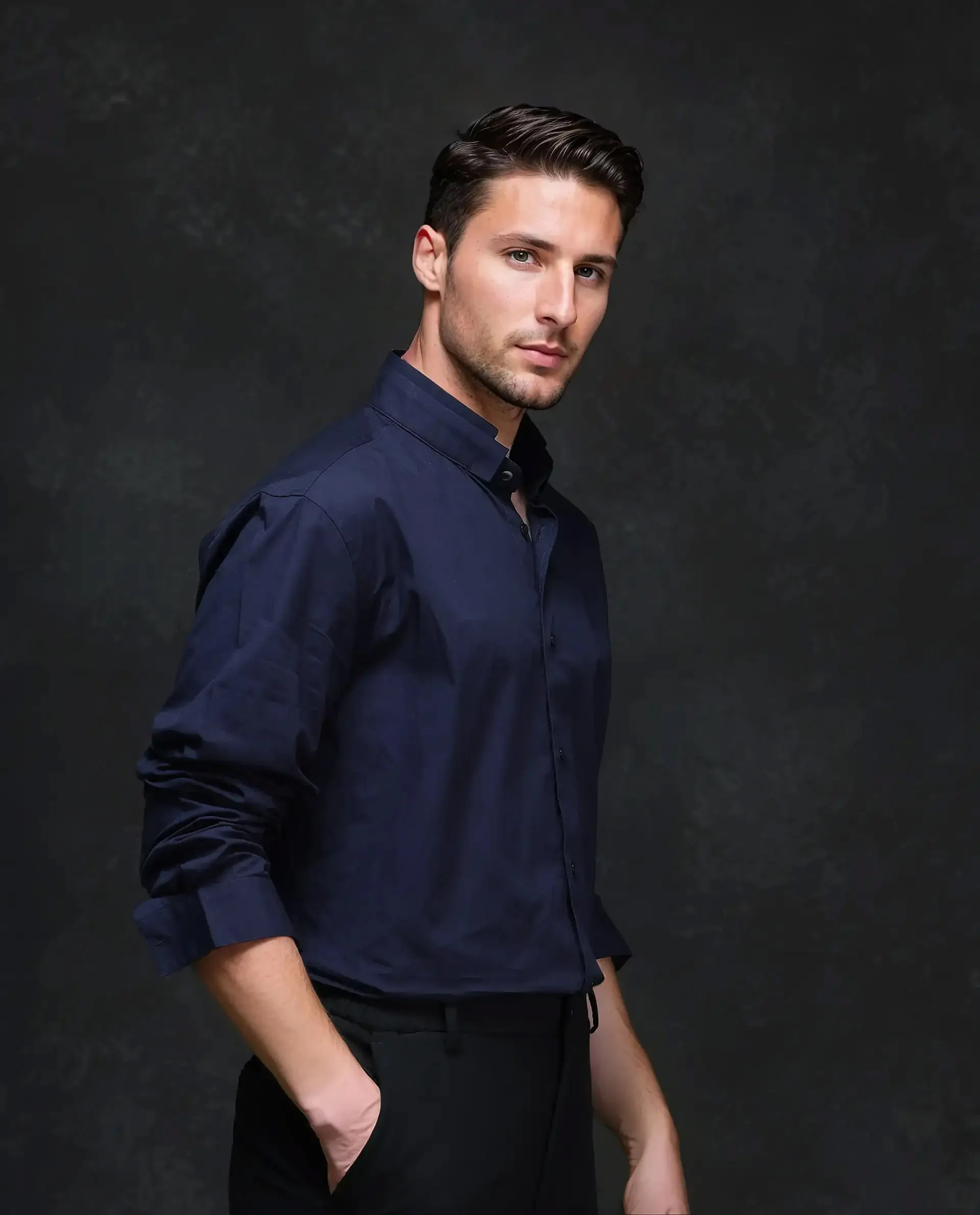 Rare Rabbit Men's Garry Navy Cotton Plain Relaxed Fit Full Sleeve Mandarin Collar Shirt - Image 8