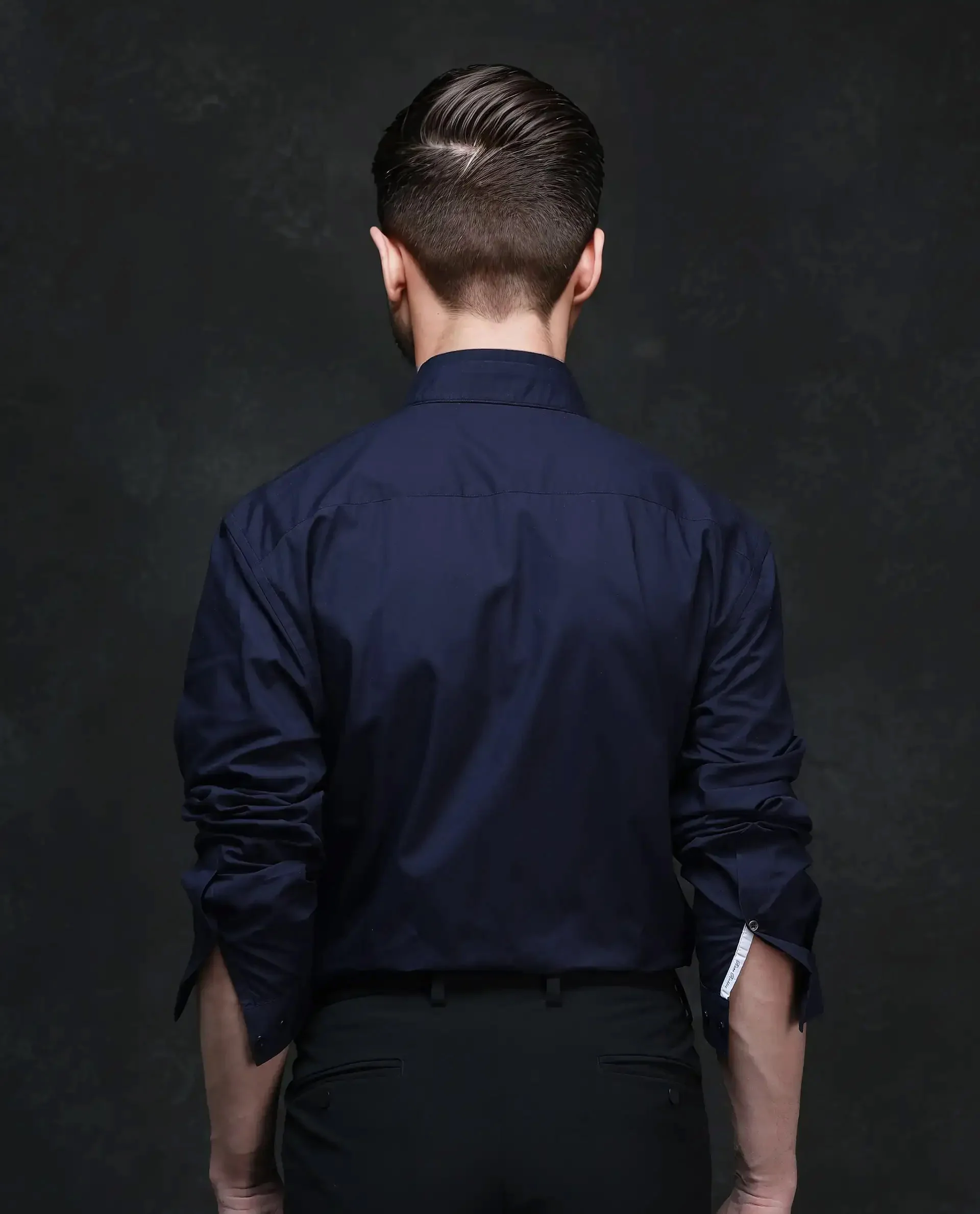 Rare Rabbit Men's Garry Navy Cotton Plain Relaxed Fit Full Sleeve Mandarin Collar Shirt - Image 9