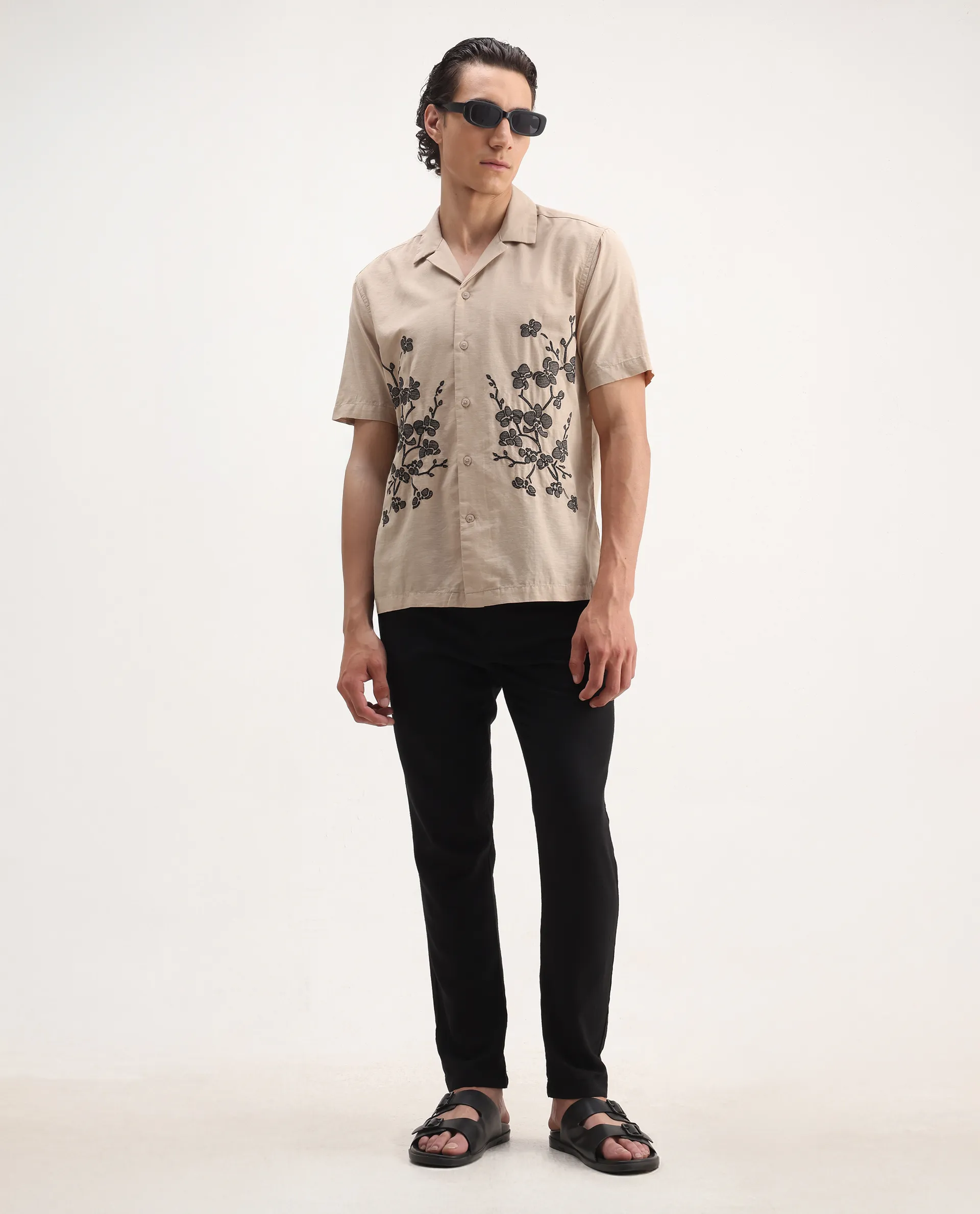 Rare Rabbit Men's Gary Beige Linen Blend Embroidered Boxy Fit Half Sleeve Cuban Collar Shirt - Image 2