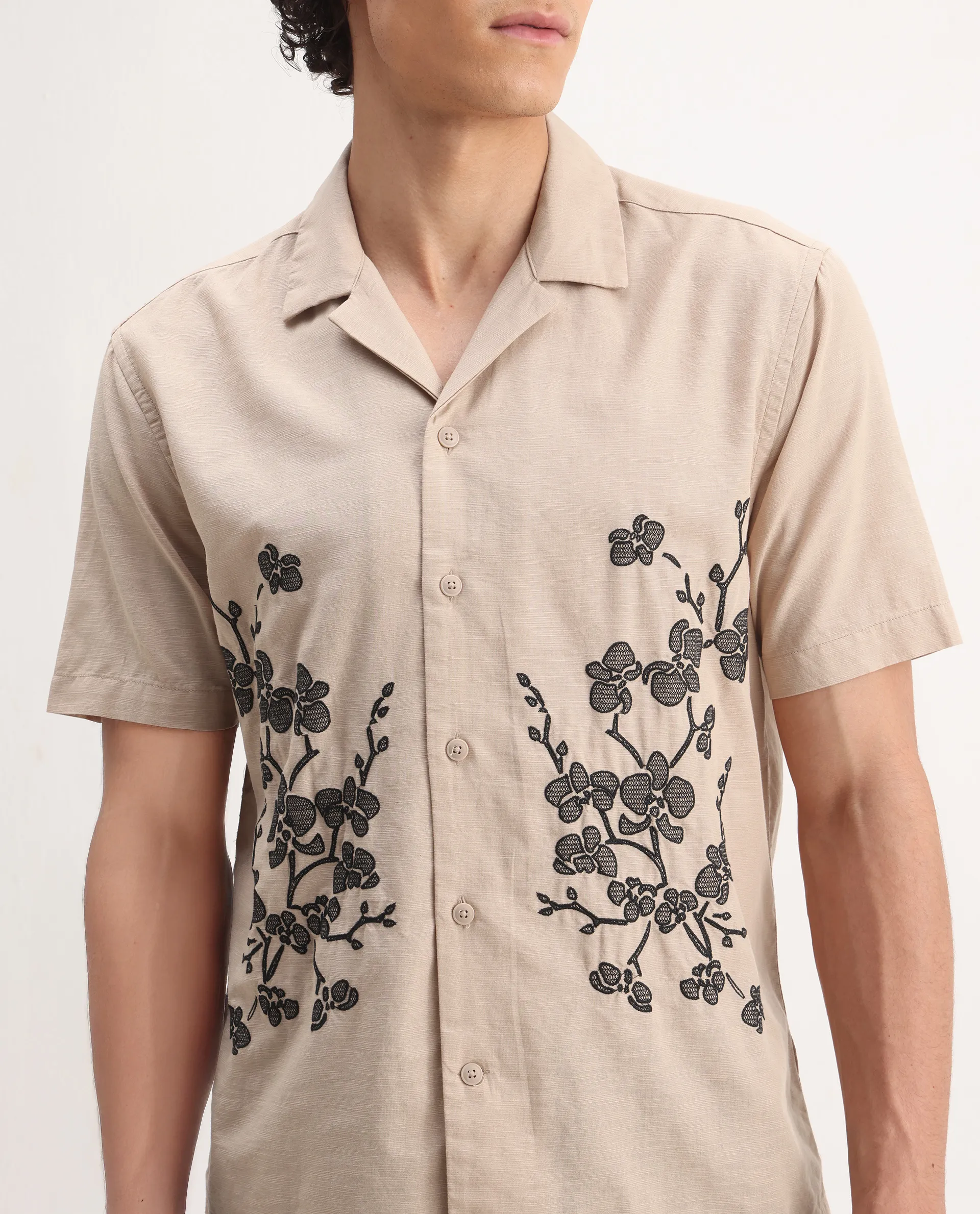 Rare Rabbit Men's Gary Beige Linen Blend Embroidered Boxy Fit Half Sleeve Cuban Collar Shirt - Image 3