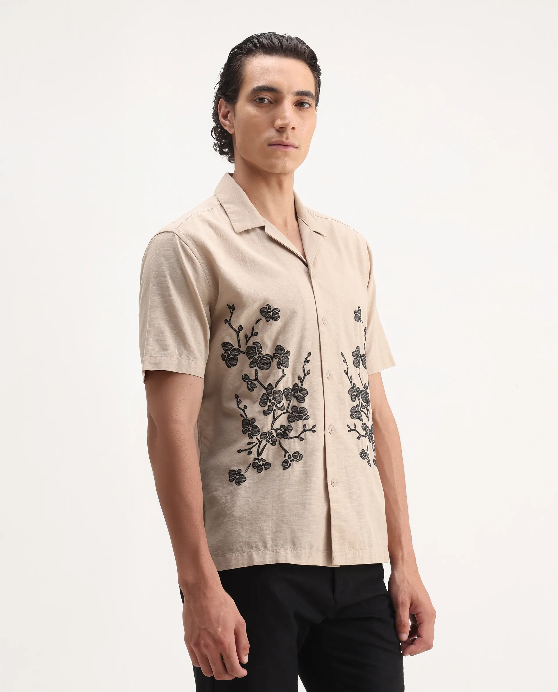 Rare Rabbit Men's Gary Beige Linen Blend Embroidered Boxy Fit Half Sleeve Cuban Collar Shirt - Image 4