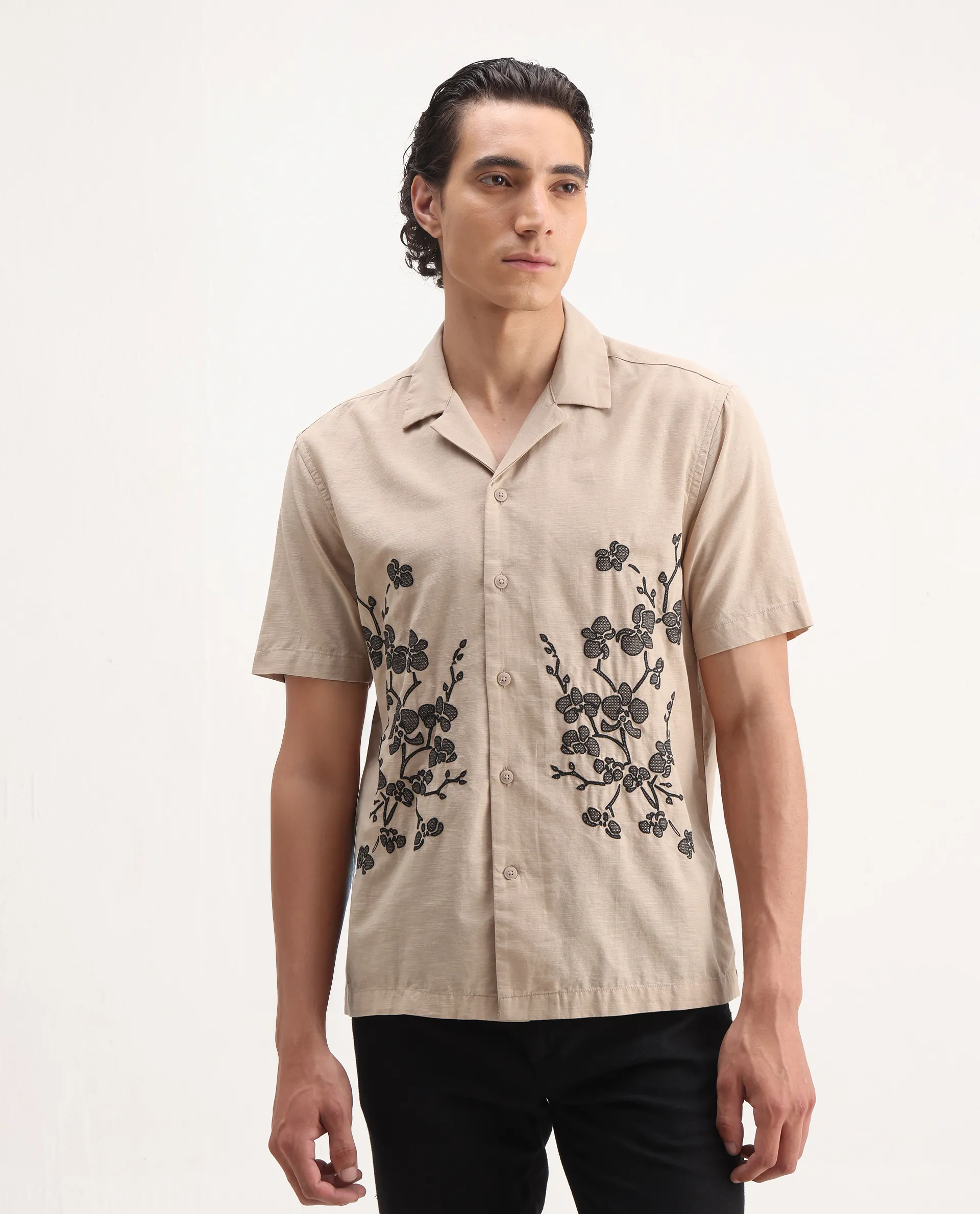 Rare Rabbit Men's Gary Beige Linen Blend Embroidered Boxy Fit Half Sleeve Cuban Collar Shirt - Image 5