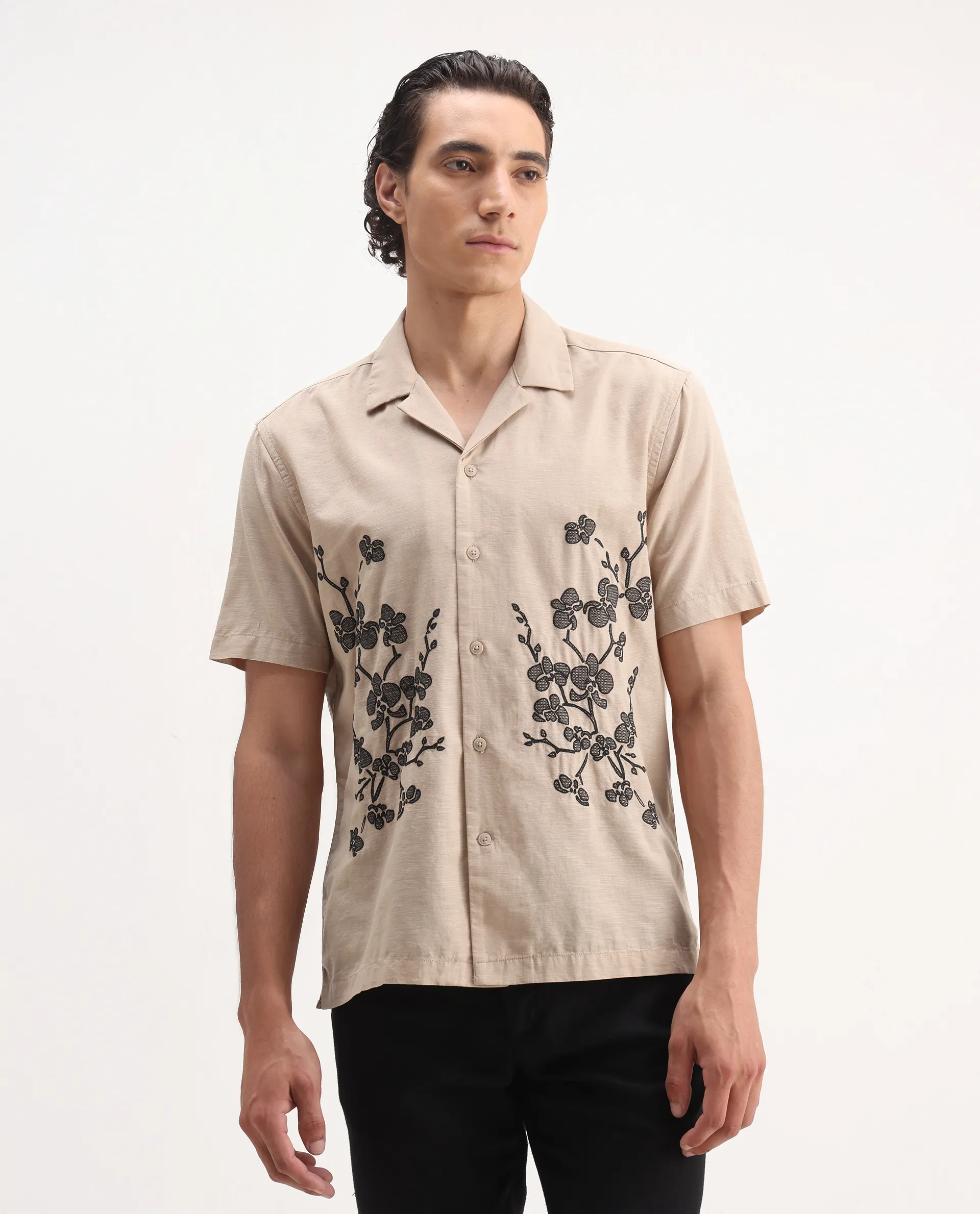 Rare Rabbit Men's Gary Beige Linen Blend Embroidered Boxy Fit Half Sleeve Cuban Collar Shirt - Image 6