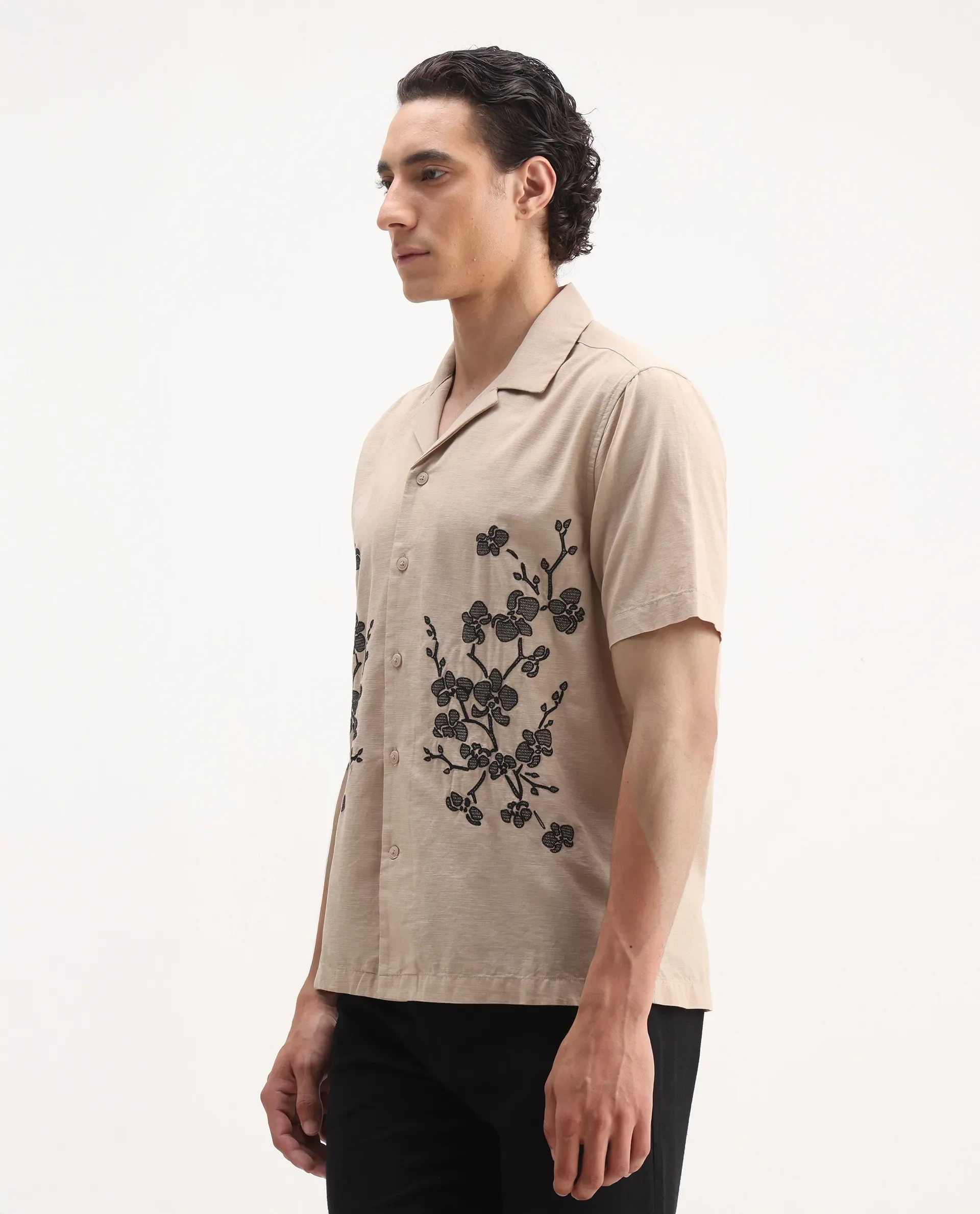 Rare Rabbit Men's Gary Beige Linen Blend Embroidered Boxy Fit Half Sleeve Cuban Collar Shirt - Image 7