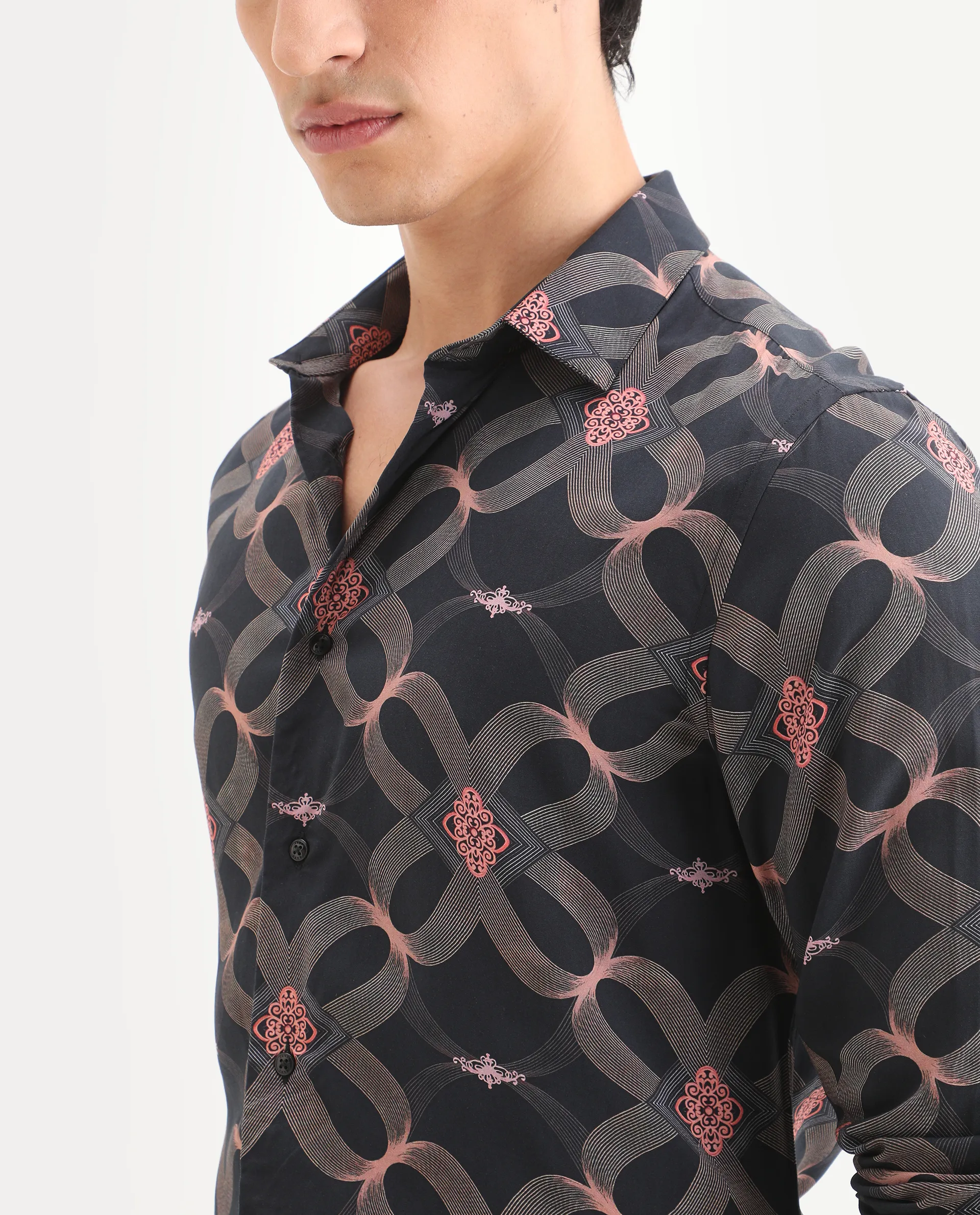Rare Rabbit Men's Gash Black Viscose Fabric Full Sleeve Spread Collar Regular Fit Geometric Print Shirt - Image 3