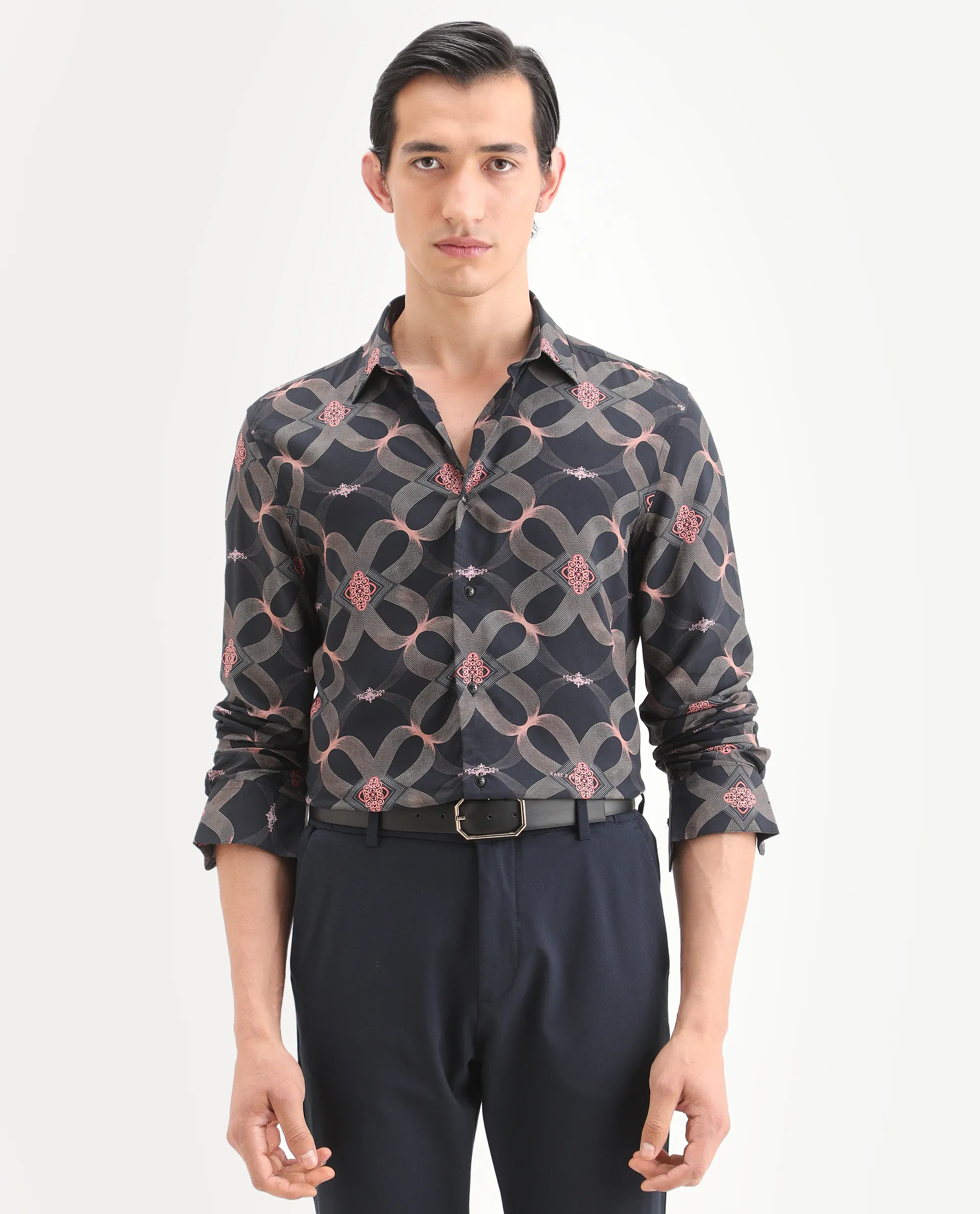 Rare Rabbit Men's Gash Black Viscose Fabric Full Sleeve Spread Collar Regular Fit Geometric Print Shirt - Image 4