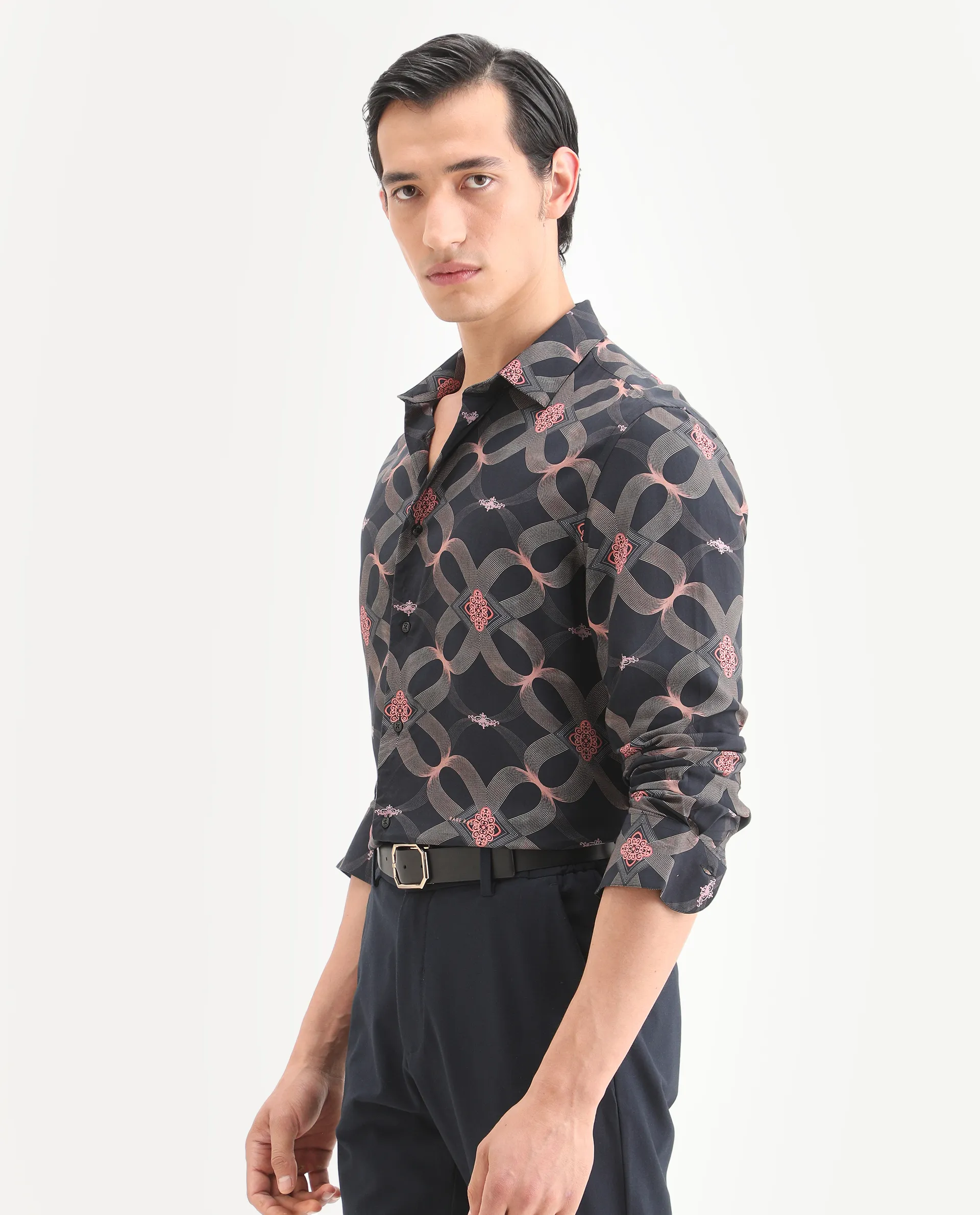 Rare Rabbit Men's Gash Black Viscose Fabric Full Sleeve Spread Collar Regular Fit Geometric Print Shirt - Image 5