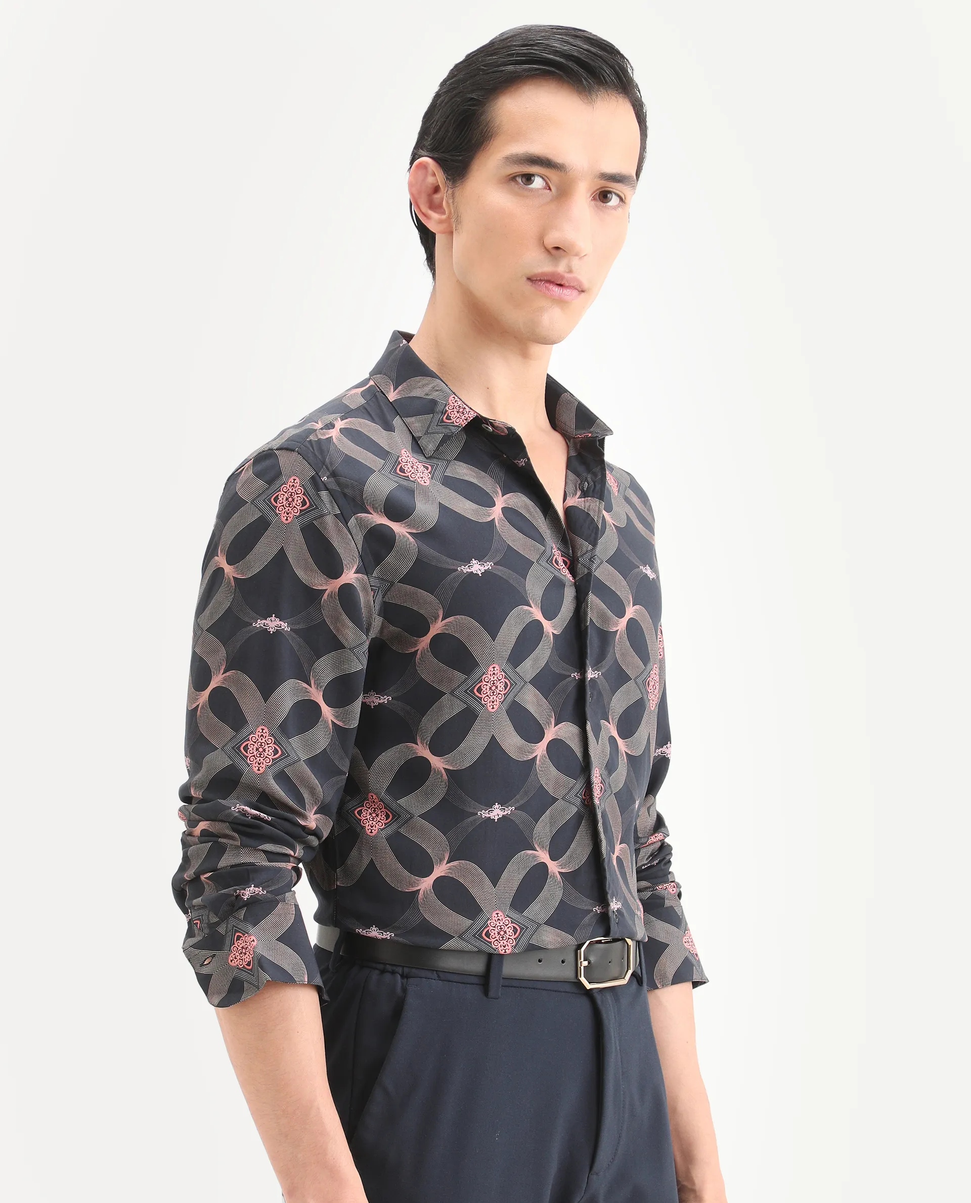 Rare Rabbit Men's Gash Black Viscose Fabric Full Sleeve Spread Collar Regular Fit Geometric Print Shirt - Image 6