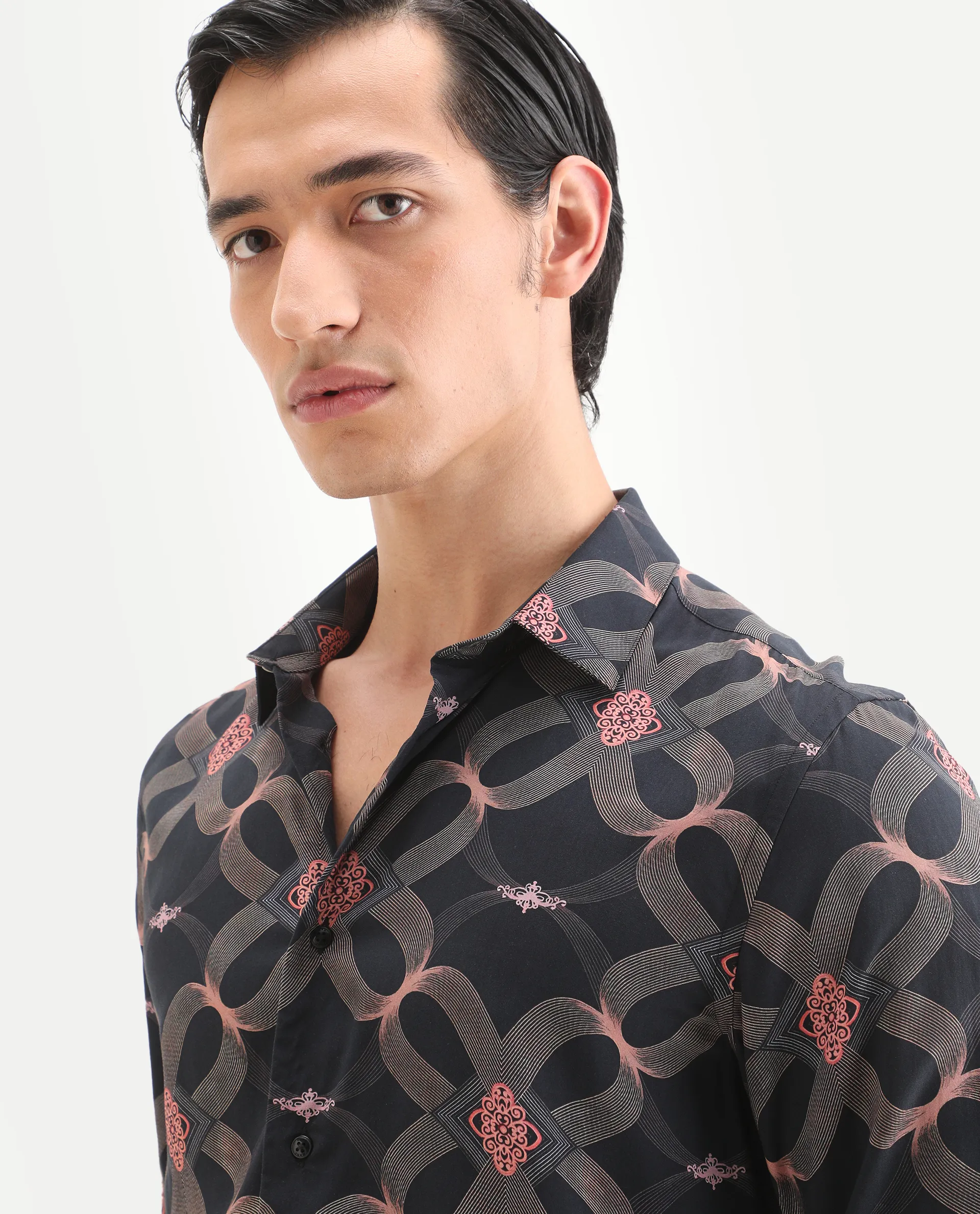 Rare Rabbit Men's Gash Black Viscose Fabric Full Sleeve Spread Collar Regular Fit Geometric Print Shirt - Image 7