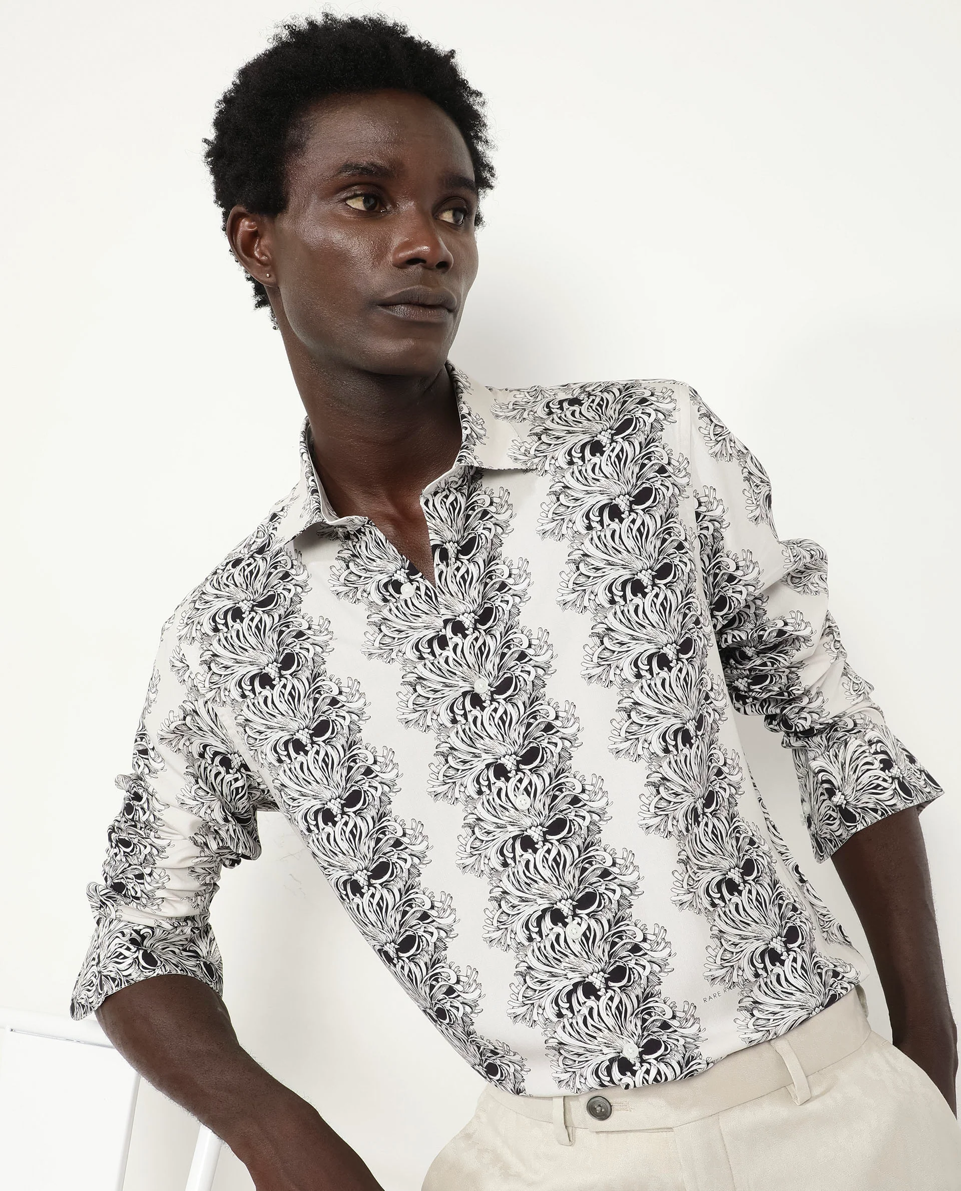 Rare Rabbit Men's Gasta Ls Off White Viscose Floral Print Regular Fit Full Sleeve Collared Shirt