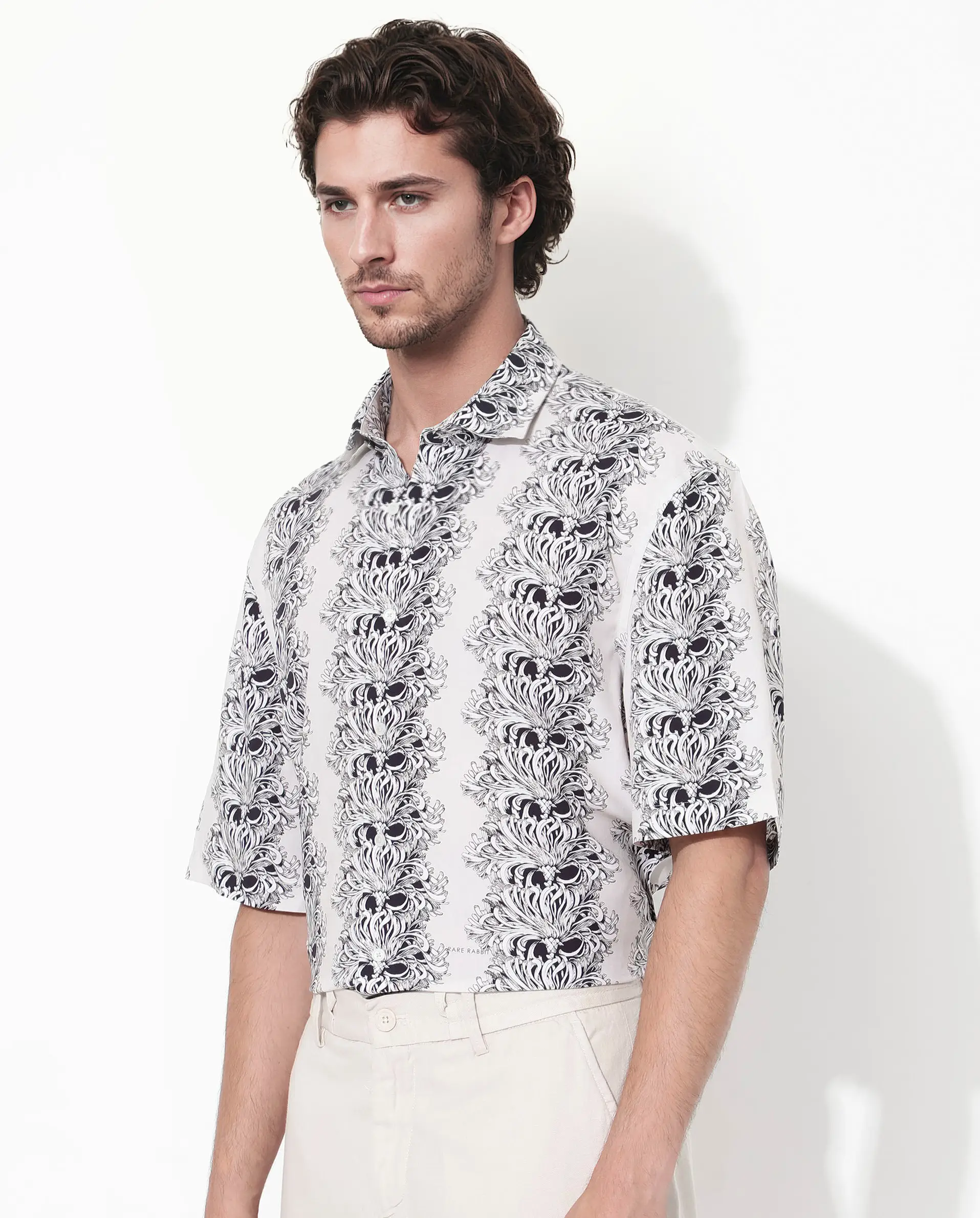 Rare Rabbit Men's Gasta Ss Off White Viscose Floral Print Boxy Fit Half Sleeve Collared Shirt - Image 5