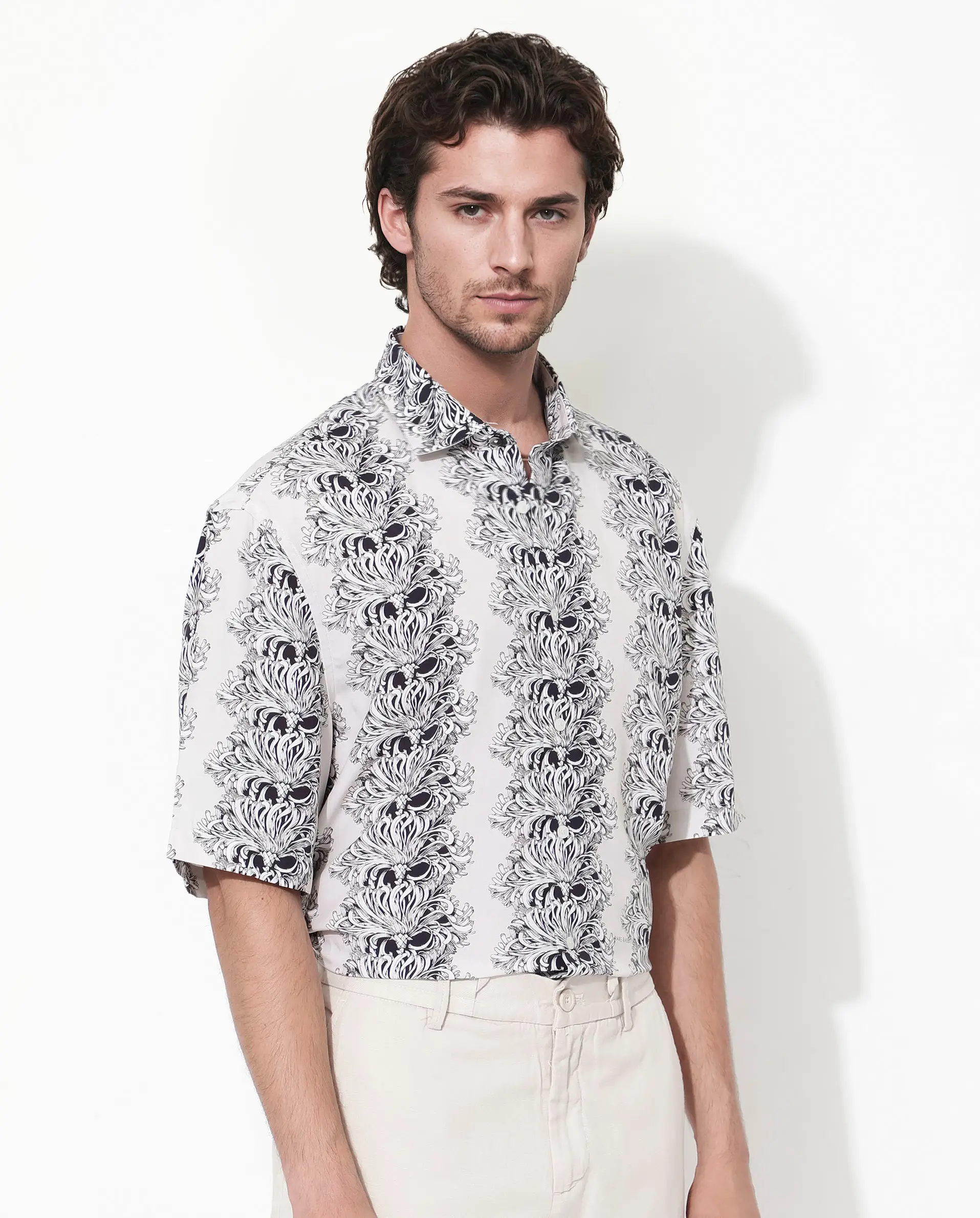Rare Rabbit Men's Gasta Ss Off White Viscose Floral Print Boxy Fit Half Sleeve Collared Shirt - Image 6