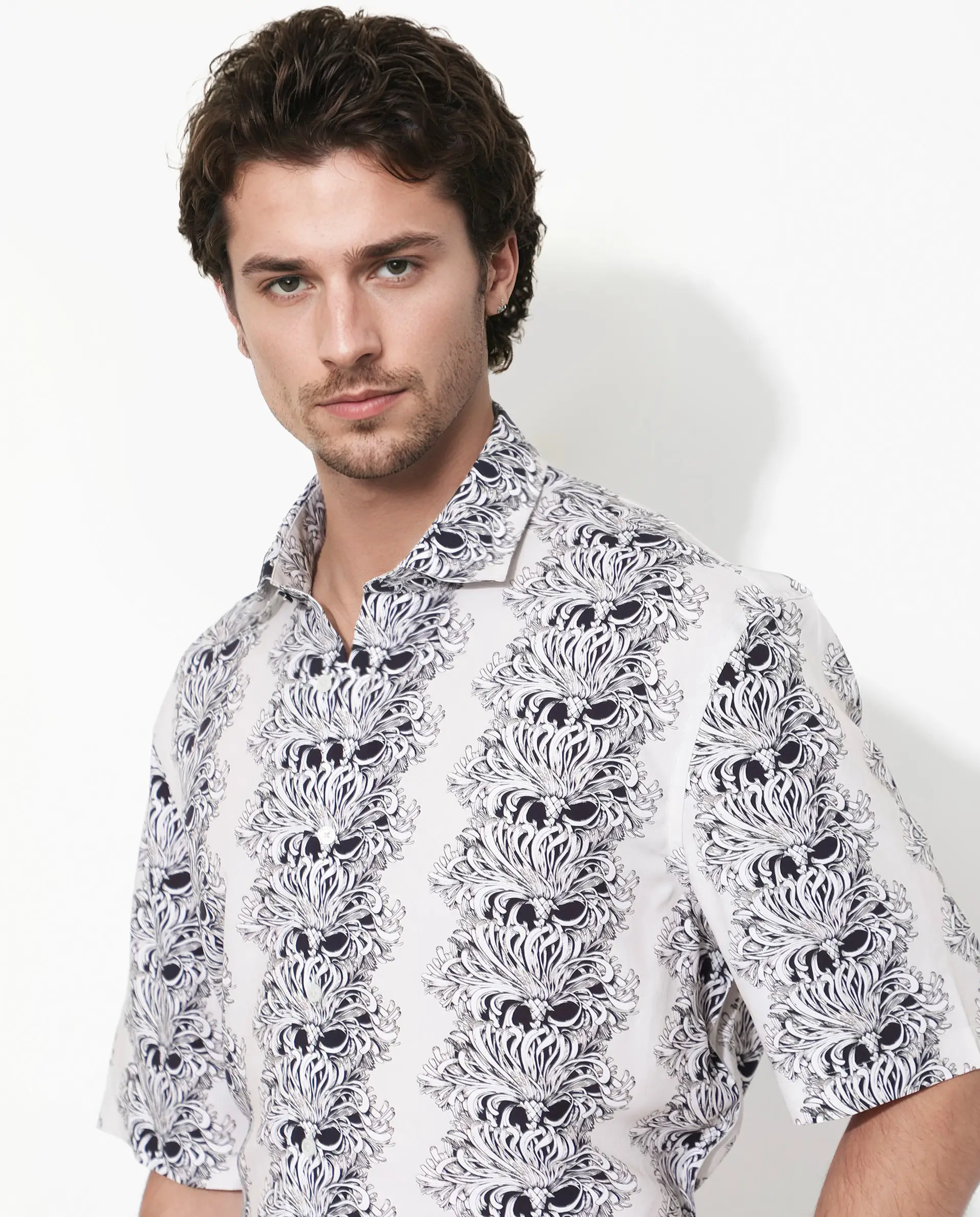 Rare Rabbit Men's Gasta Ss Off White Viscose Floral Print Boxy Fit Half Sleeve Collared Shirt - Image 7