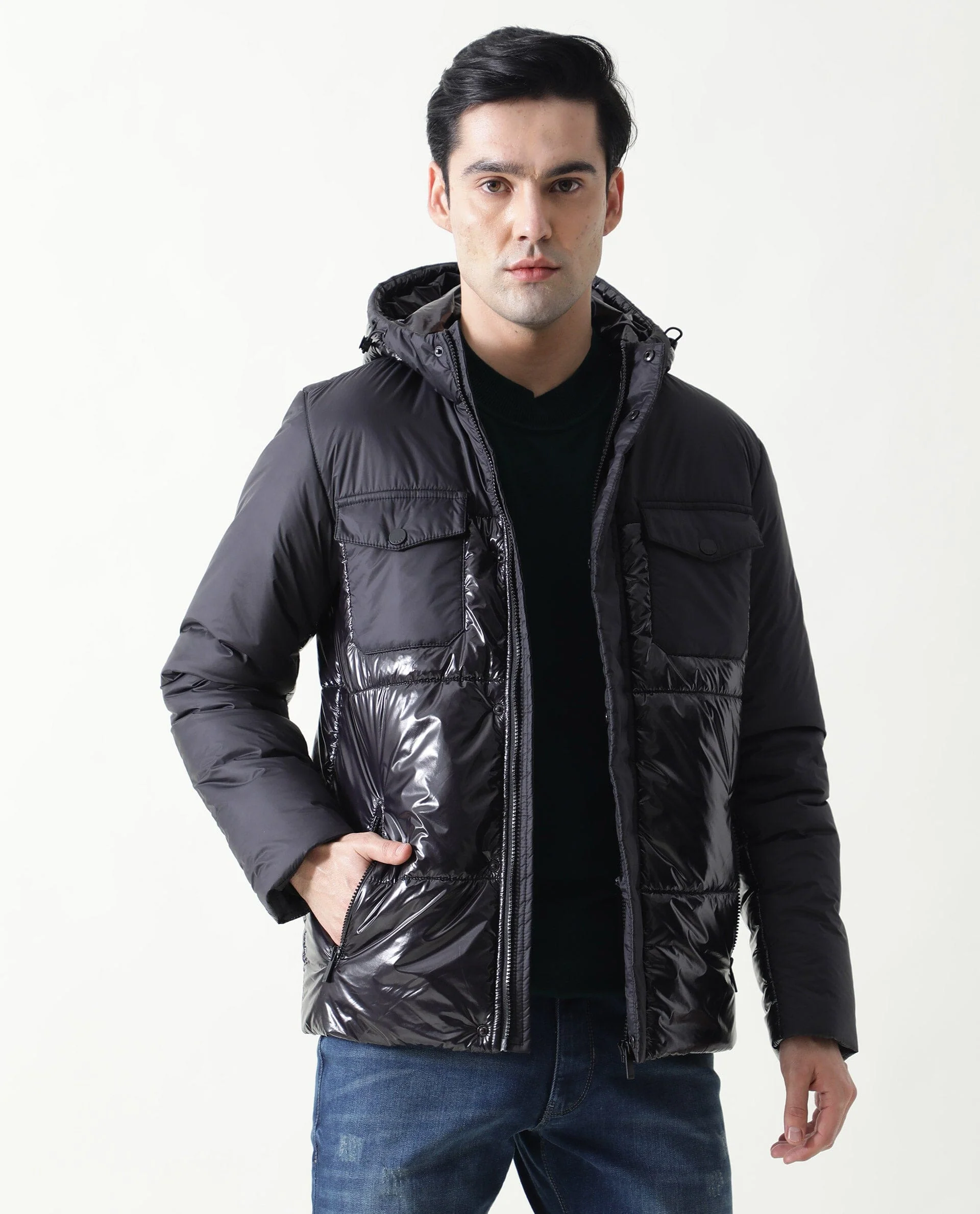 Rare Rabbit Men's Gat Black Nylon Plain Relaxed Fit Full Sleeve Hooded Jacket