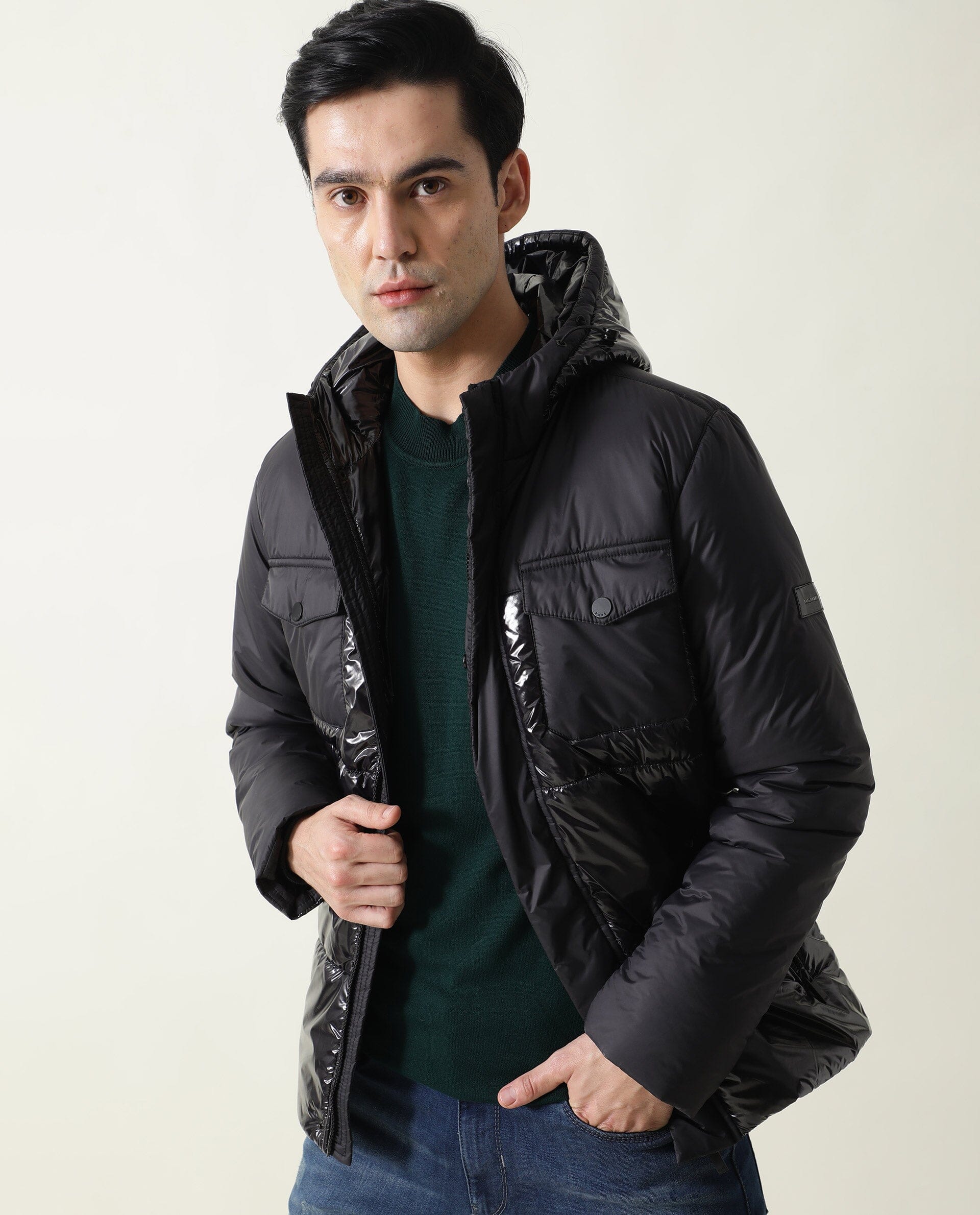 Rare Rabbit Men's Gat Black Nylon Plain Relaxed Fit Full Sleeve Hooded Jacket - Image 5